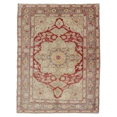 Fine Turkish Oushak Carpet with Center Medallion in Light Red and Cream