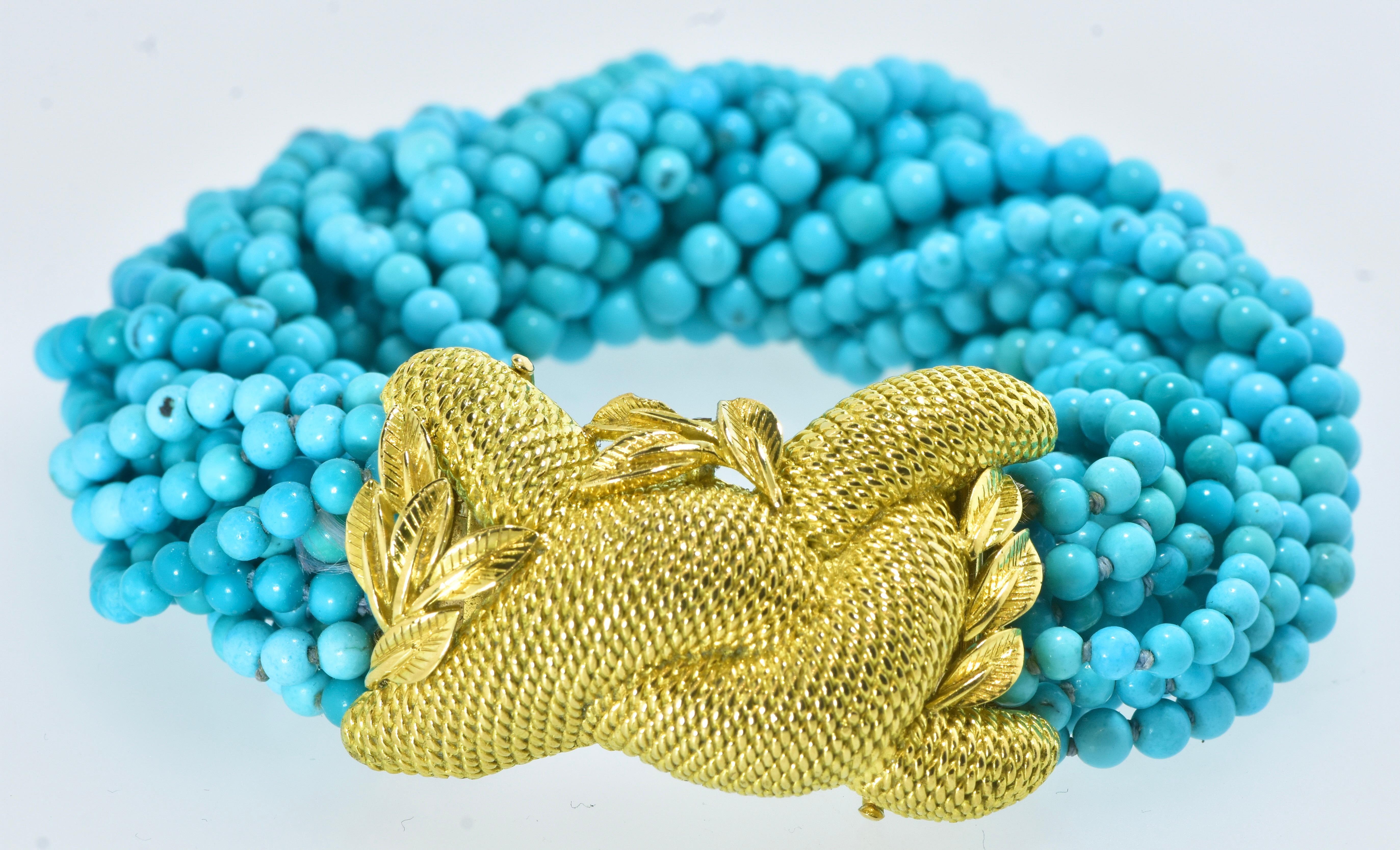 Fine Turquoise Bead Torsade Bracelet Centering an 18K High Relief Clasp, c. 1965 For Sale 8