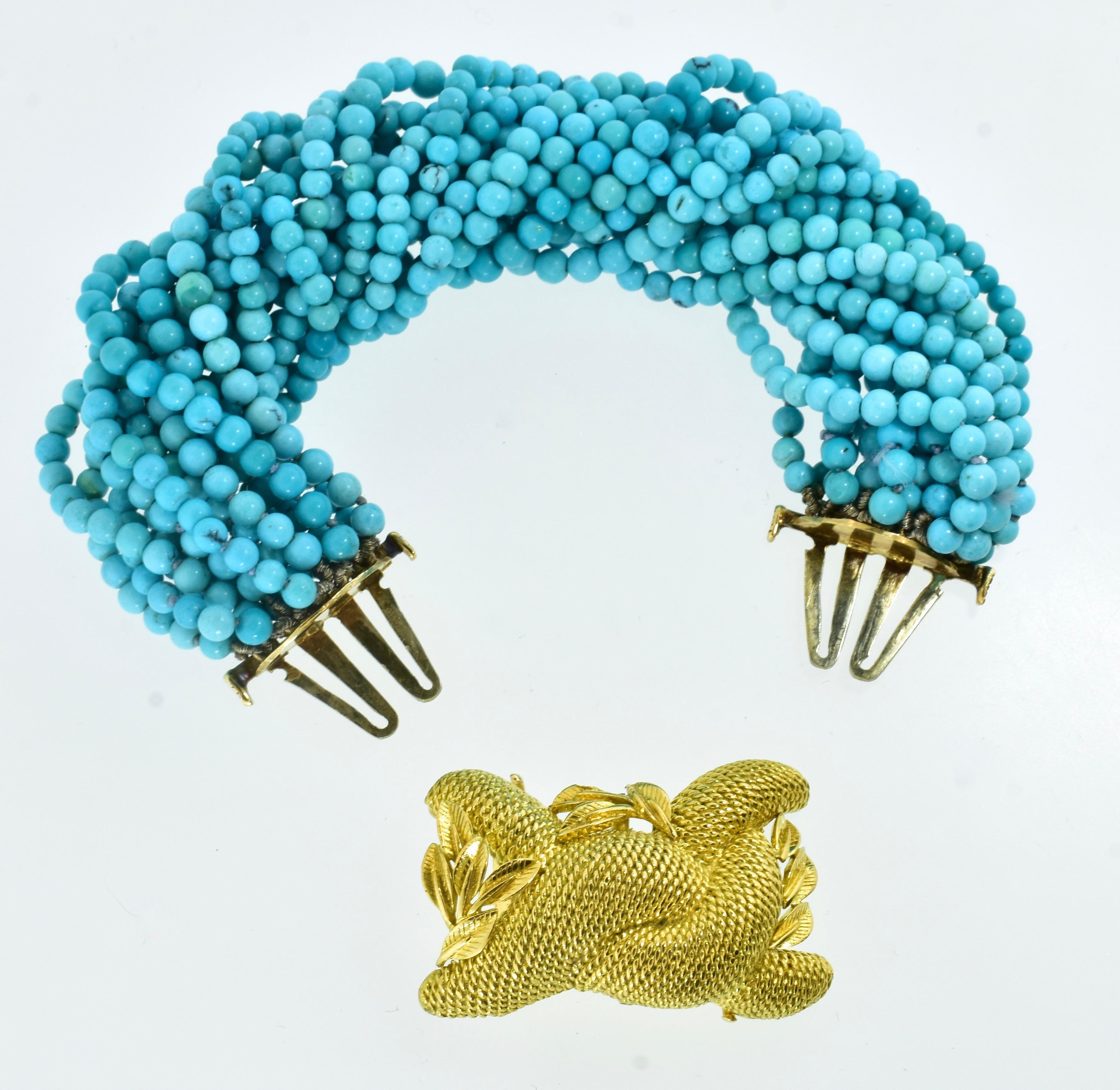 Fine Turquoise Bead Torsade Bracelet Centering an 18K High Relief Clasp, c. 1965 For Sale 1