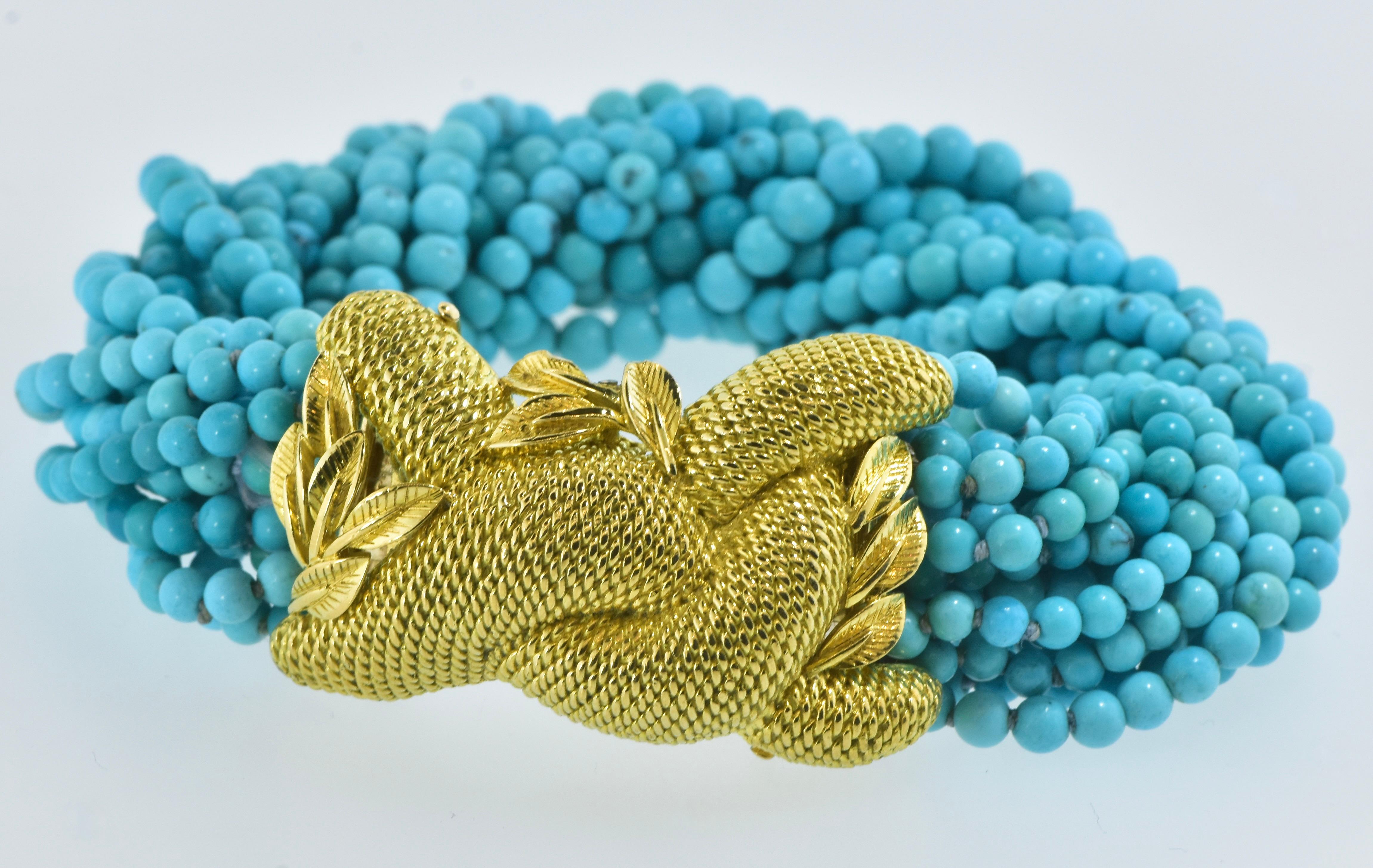 Fine Turquoise Bead Torsade Bracelet Centering an 18K High Relief Clasp, c. 1965 For Sale 2