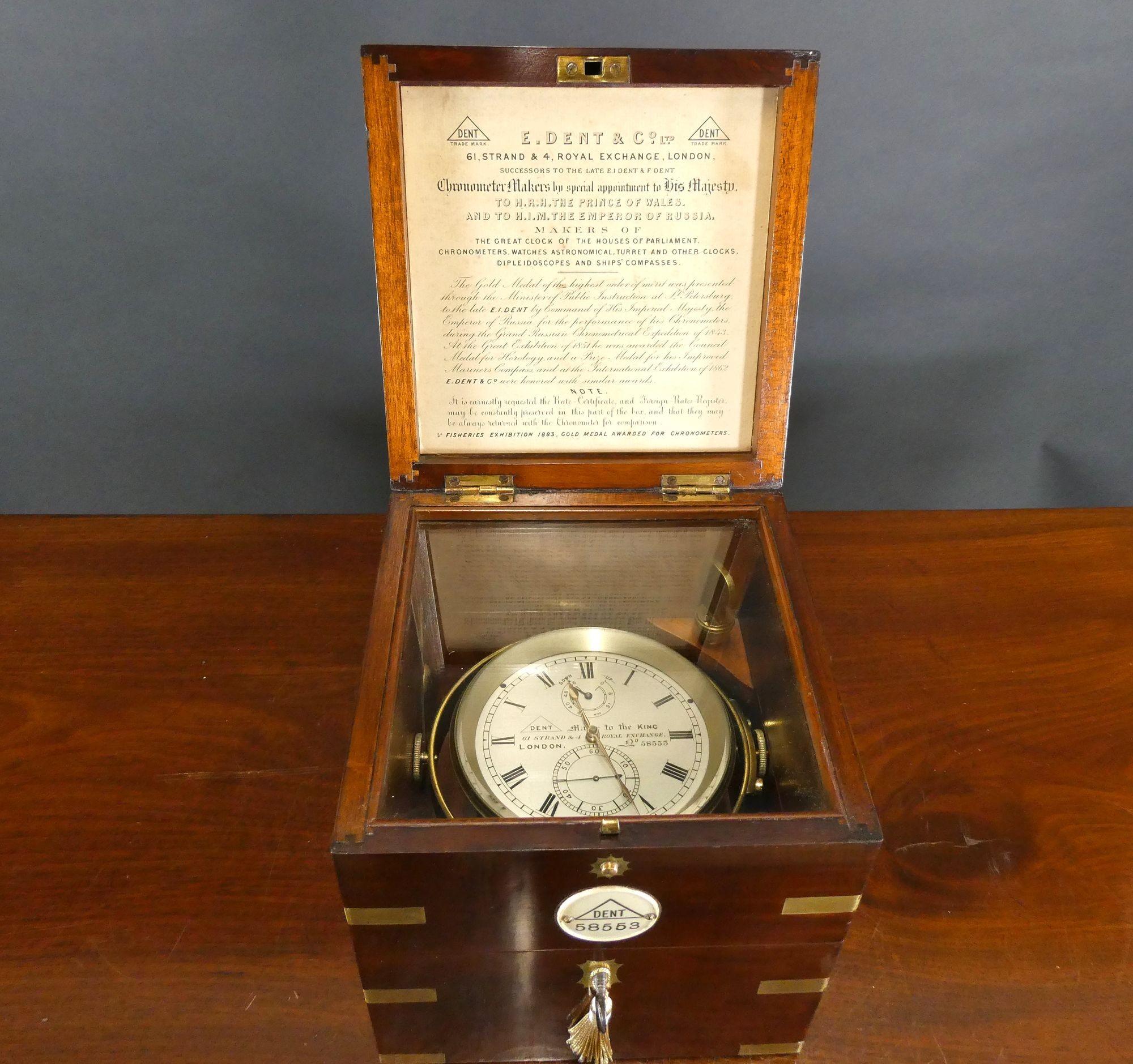 Mahogany Fine Two Day Marine Chronometer by Dent, London. No58553 For Sale