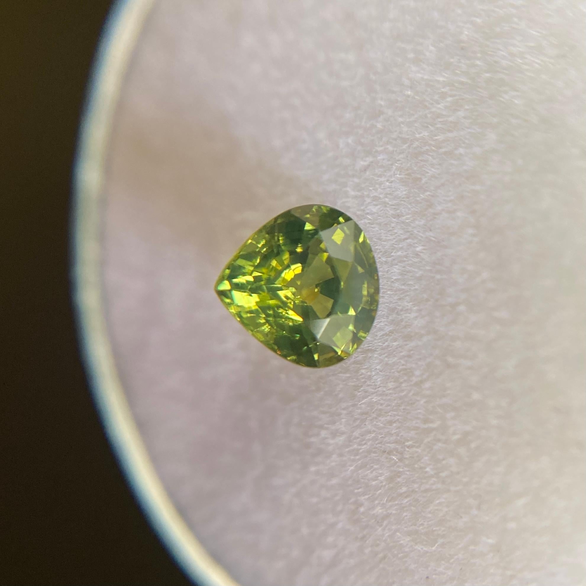 Natural Untreated Green Yellow Australian Sapphire Gemstone.

0.76 Carat with a beautiful and unique yellowish green colour and good clarity, a clean stone with only some small natural inclusions visible when looking closely.

Also has an excellent