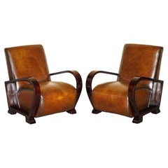 FINE & UNIQUE PAIR OF ART DECO FULLY RESTORED CiGAR BROWN LEATHER CLUB ARMCHAIRS