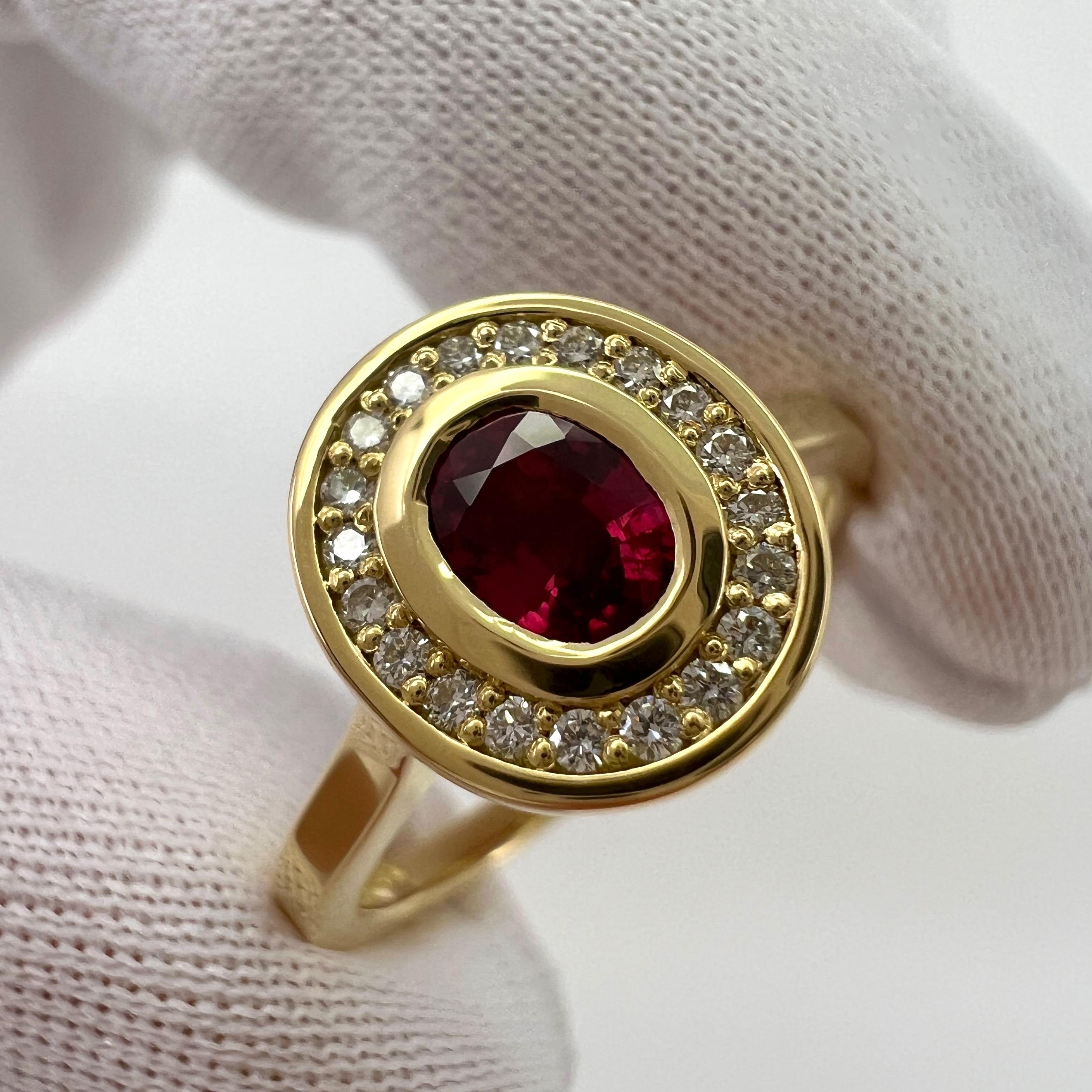 Fine Untreated Deep Red Ruby & Diamond Oval 18k Yellow Gold Halo Rubover Ring For Sale 5