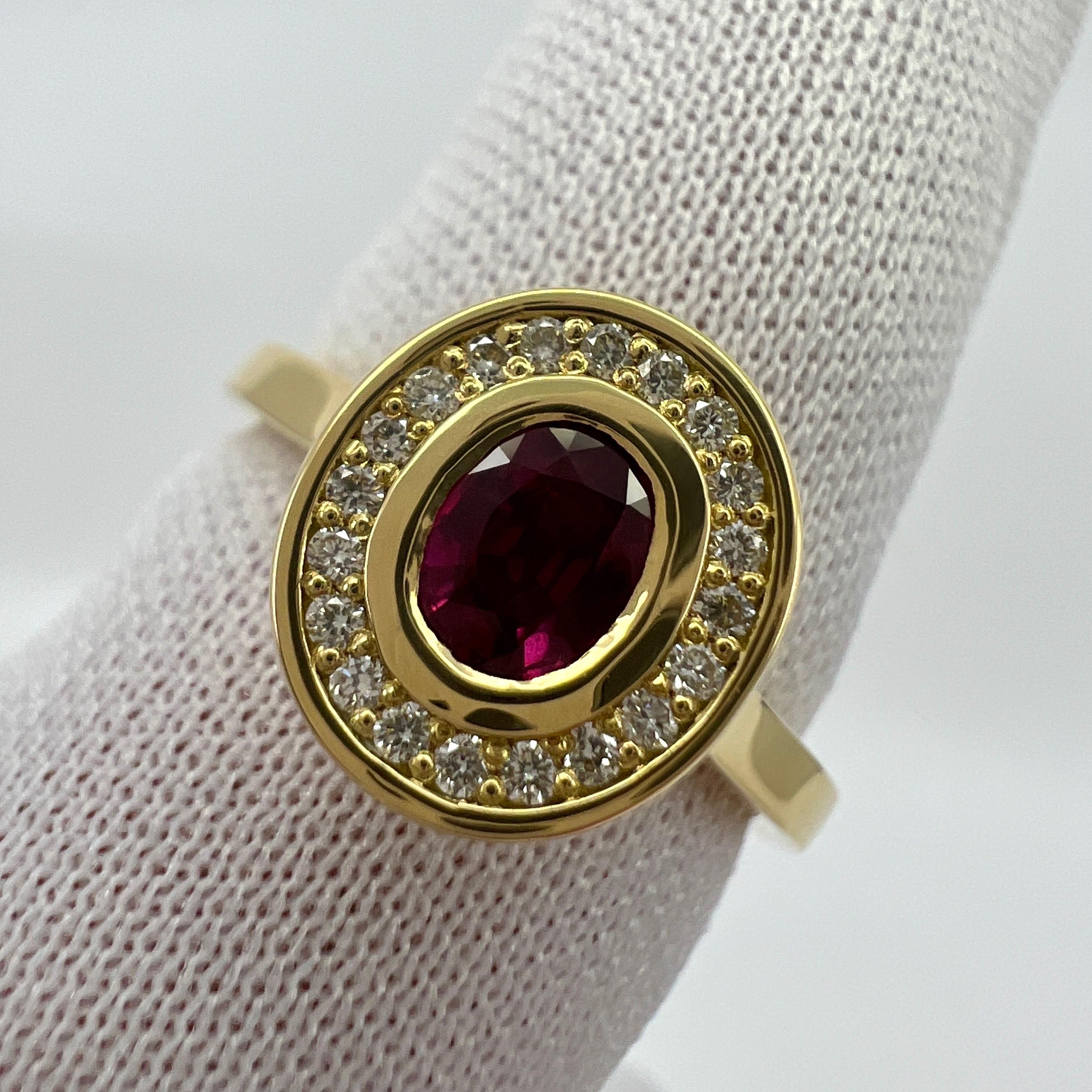 Fine Untreated Deep Red Ruby & Diamond Oval 18k Yellow Gold Halo Rubover Ring For Sale 6