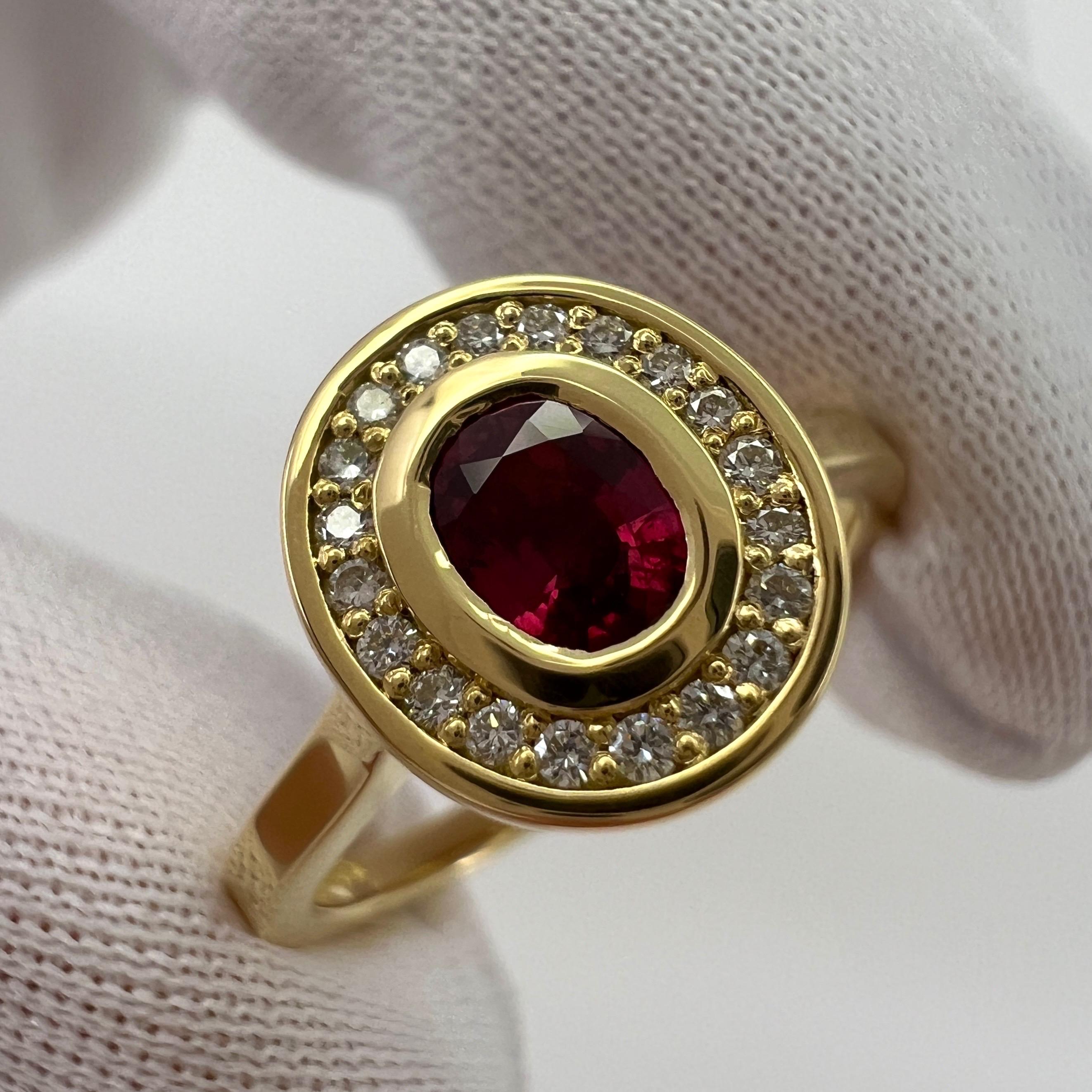 Fine Untreated Deep Red Ruby And Diamond 18k Yellow Gold Halo Ring.

Stylish modern halo ring featuring a fine natural deep red untreated/unheated ruby with a carat weight of 0.62ct. This ruby has an excellent oval cut and very good clarity, a very