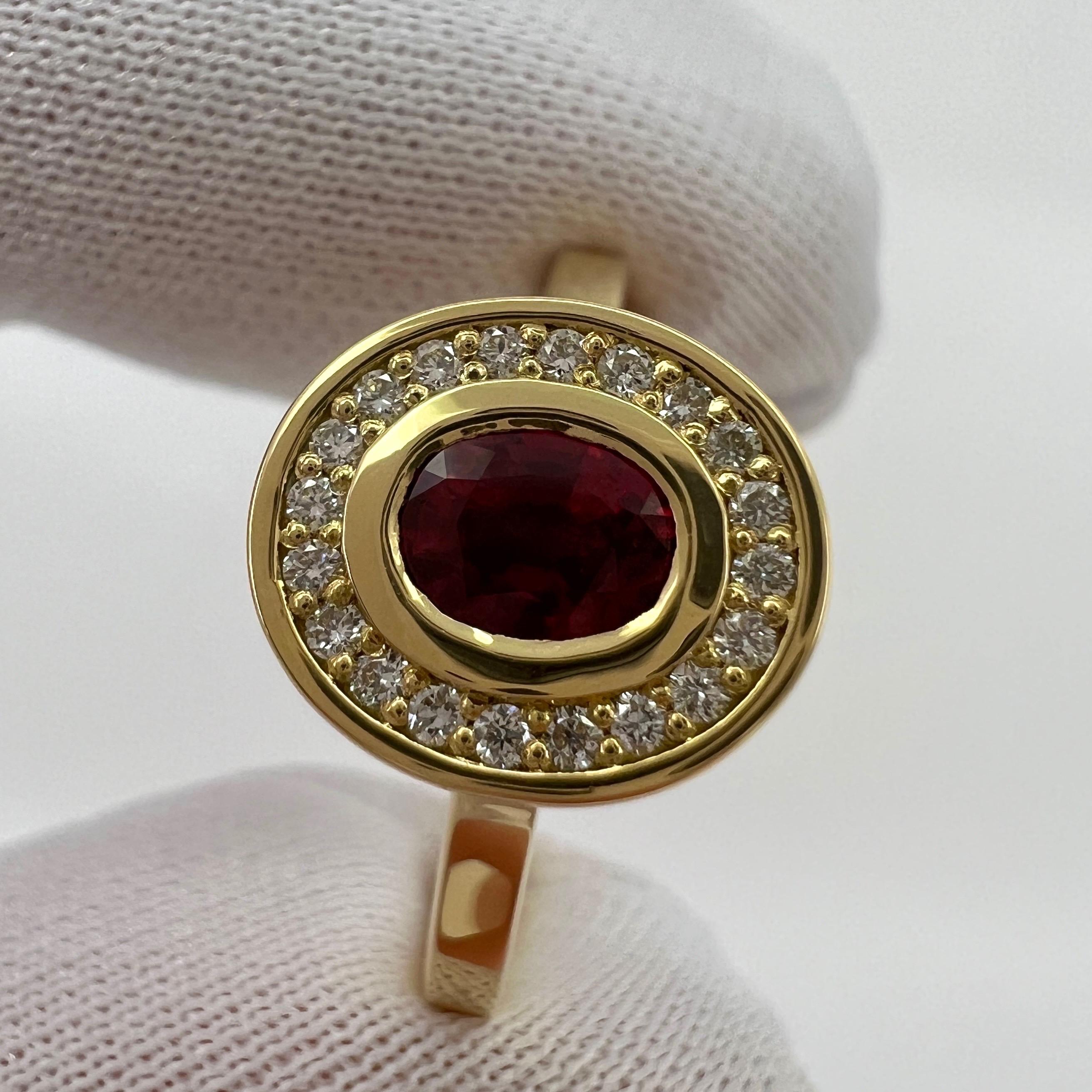 Oval Cut Fine Untreated Deep Red Ruby & Diamond Oval 18k Yellow Gold Halo Rubover Ring For Sale