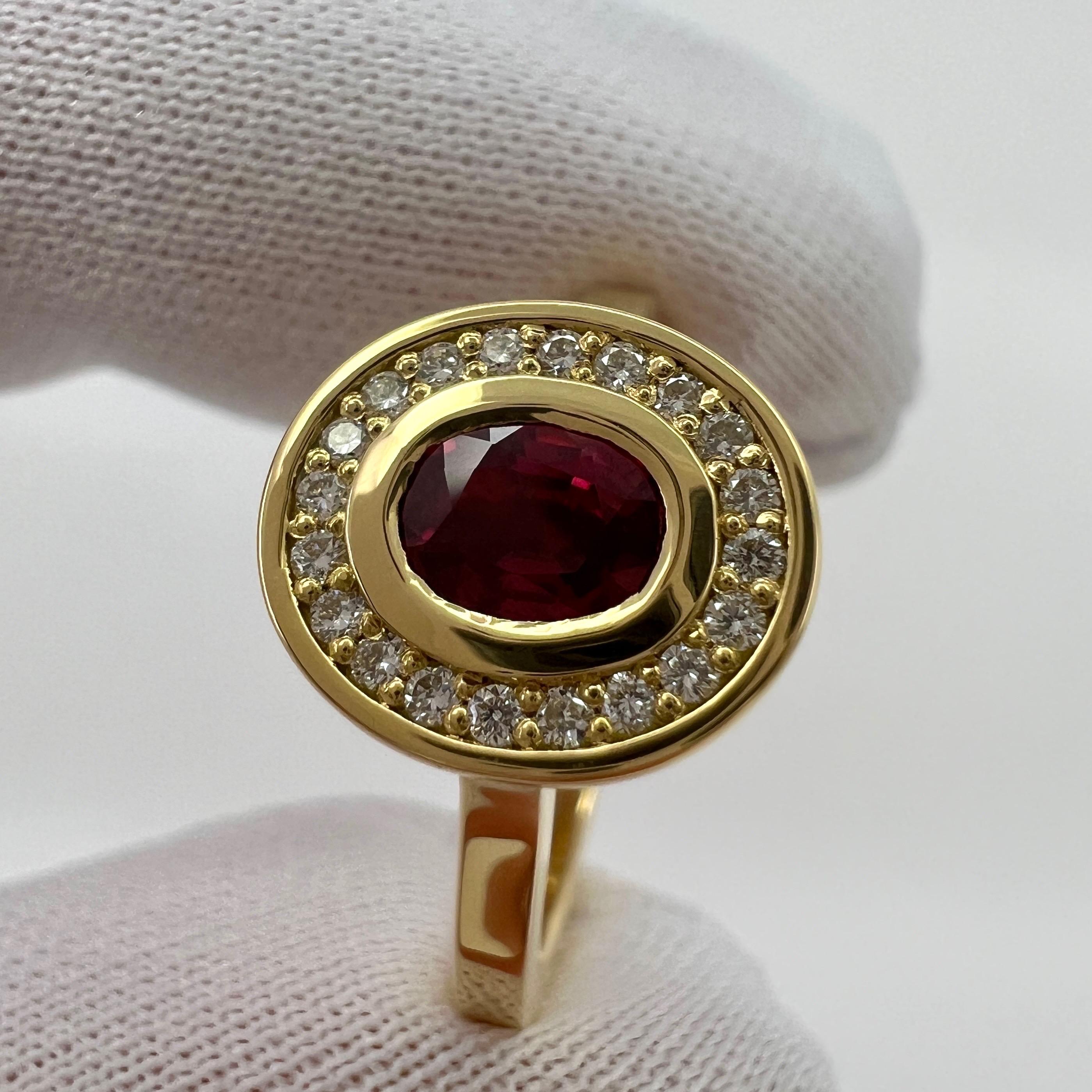 Fine Untreated Deep Red Ruby & Diamond Oval 18k Yellow Gold Halo Rubover Ring In New Condition For Sale In Birmingham, GB