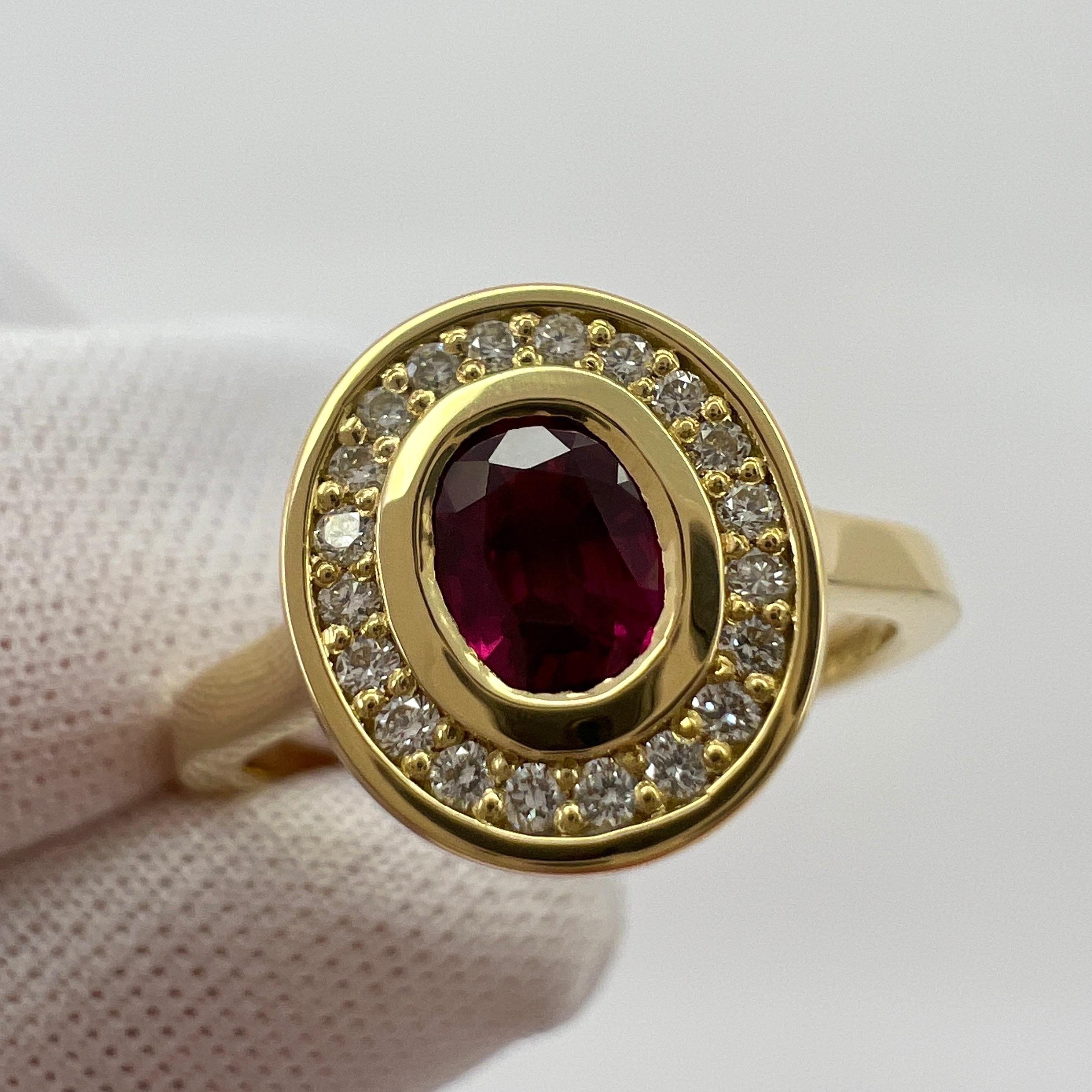 Women's or Men's Fine Untreated Deep Red Ruby & Diamond Oval 18k Yellow Gold Halo Rubover Ring For Sale