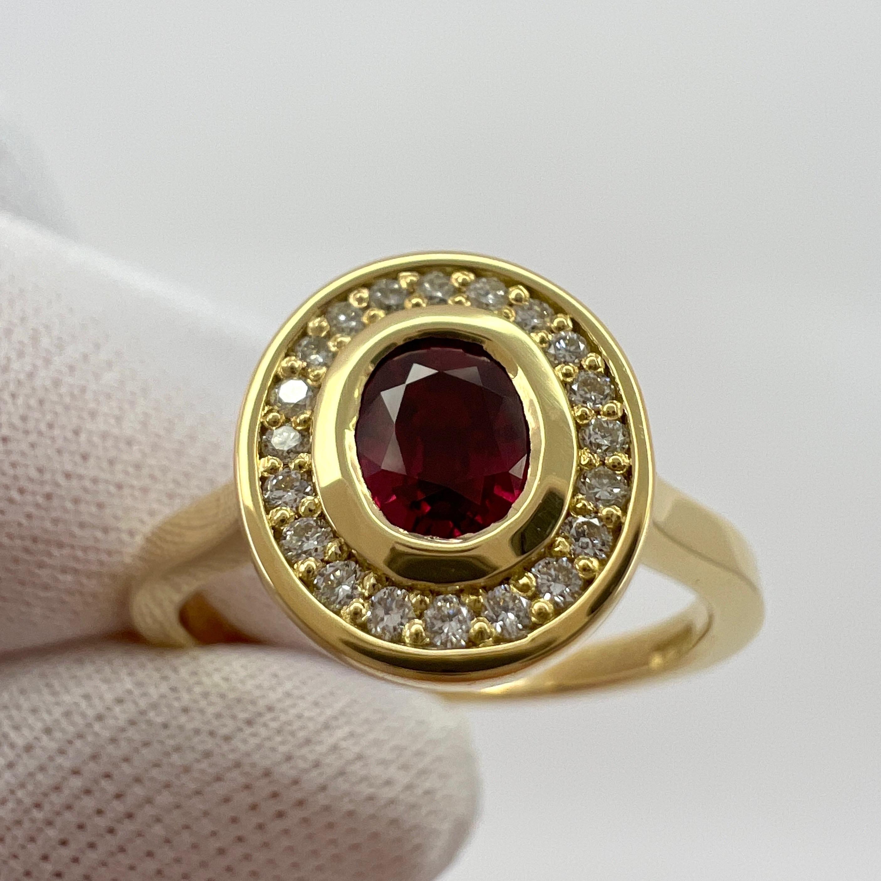 Fine Untreated Deep Red Ruby & Diamond Oval 18k Yellow Gold Halo Rubover Ring For Sale 1