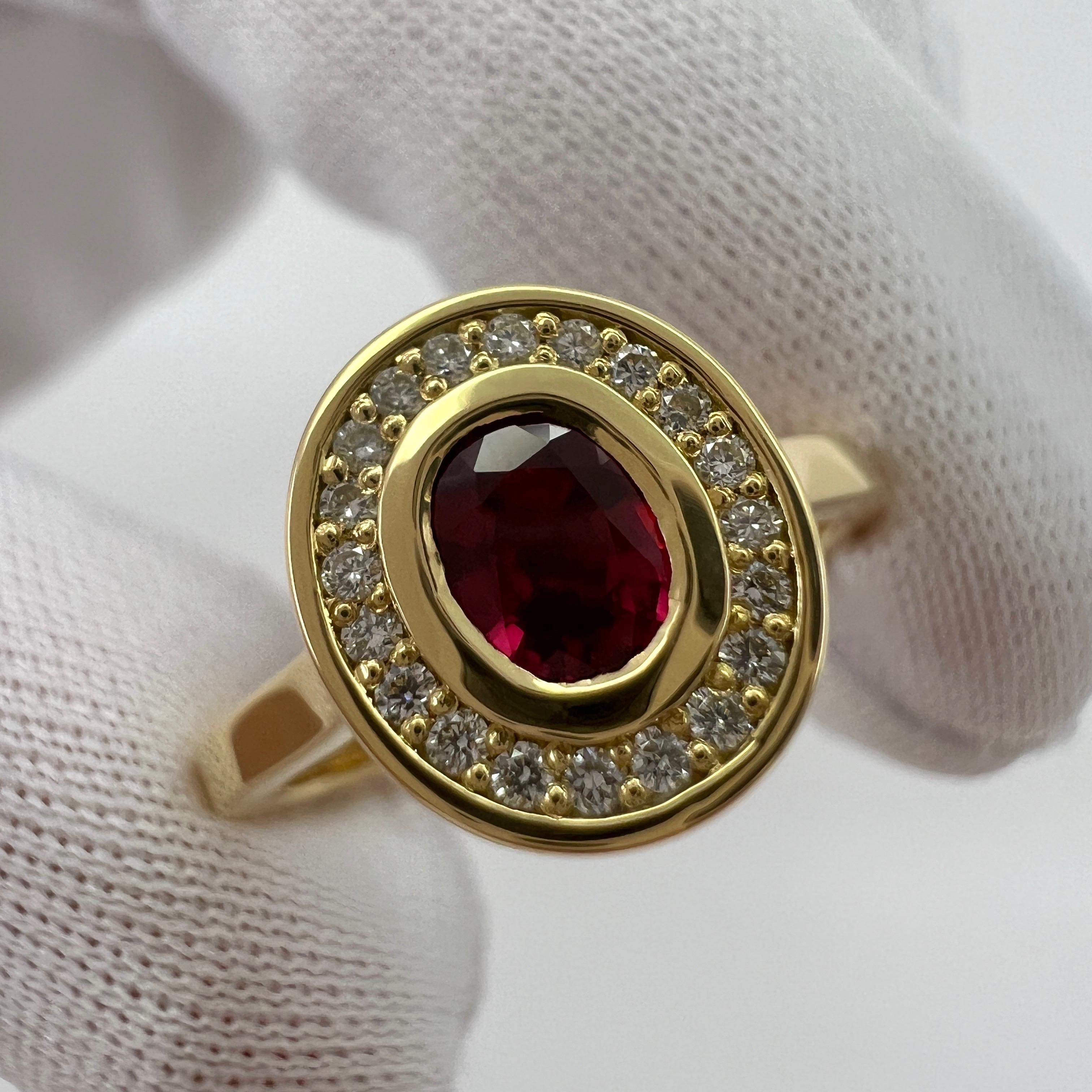 Fine Untreated Deep Red Ruby & Diamond Oval 18k Yellow Gold Halo Rubover Ring For Sale 2