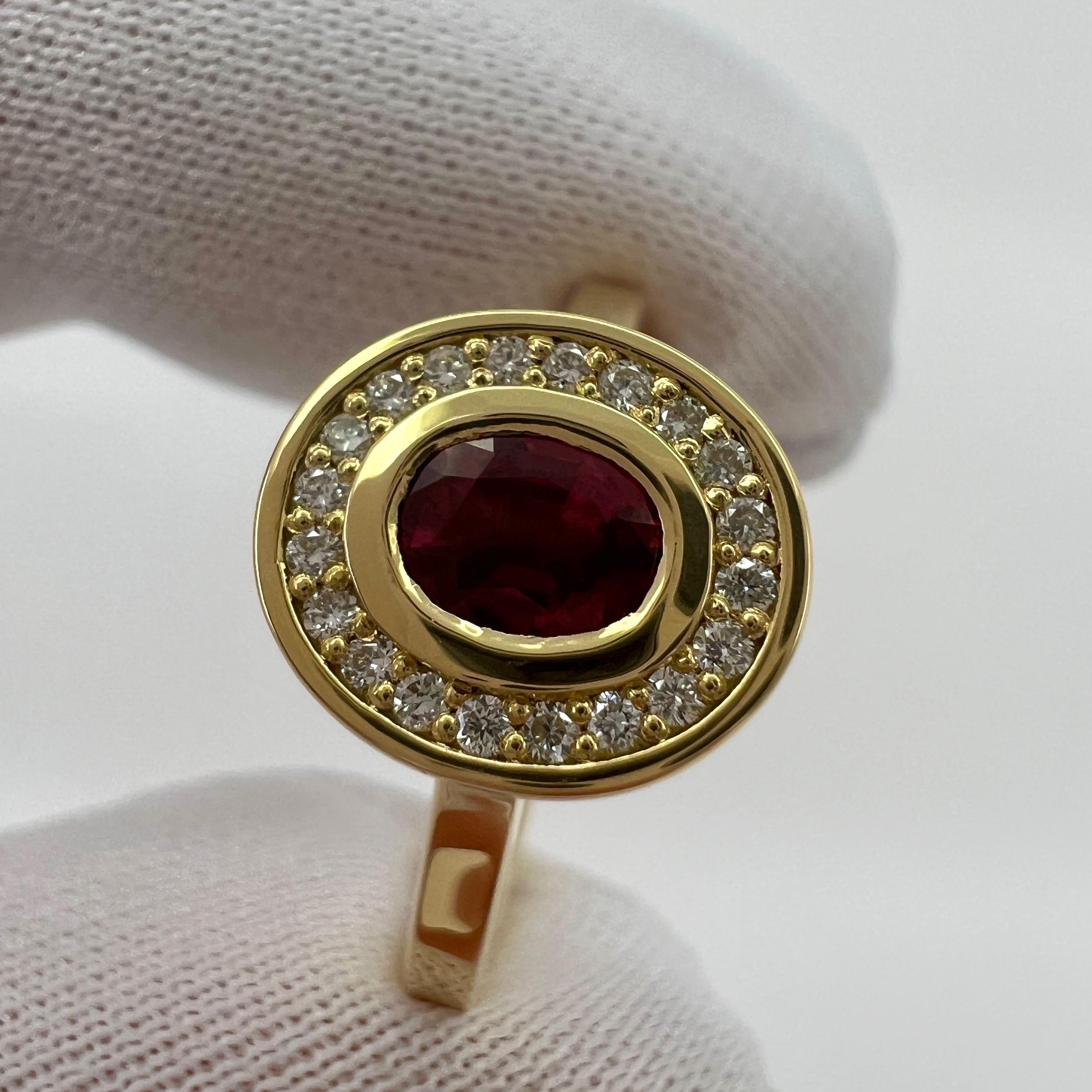 Fine Untreated Deep Red Ruby & Diamond Oval 18k Yellow Gold Halo Rubover Ring For Sale 4
