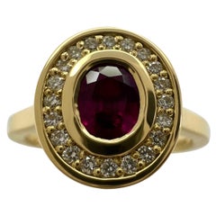 Fine Untreated Deep Red Ruby & Diamond Oval 18k Yellow Gold Halo Rubover Ring