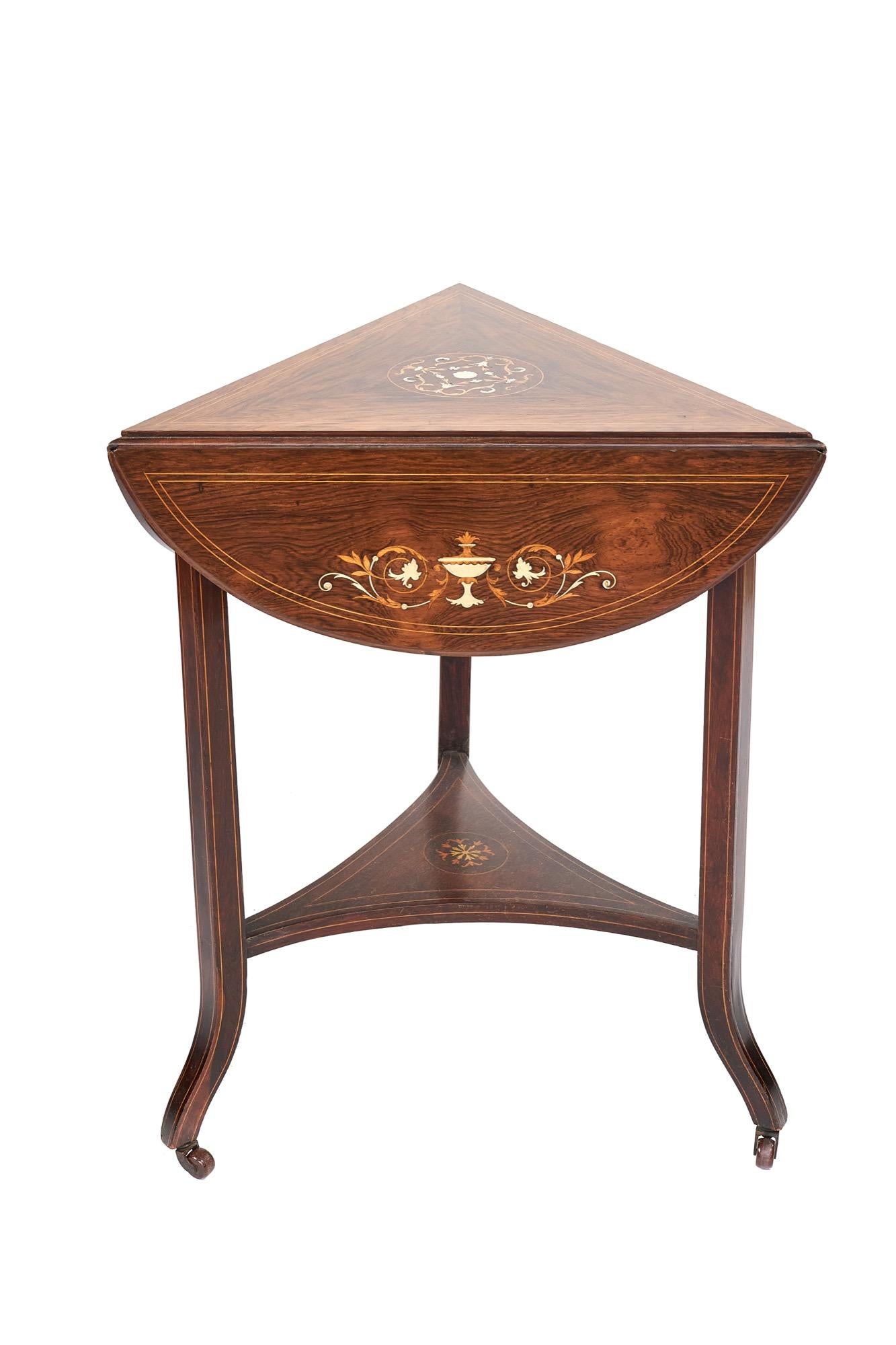 English Fine Unusual Antique Edwardian Rosewood Inlaid Drop Leaf Table For Sale