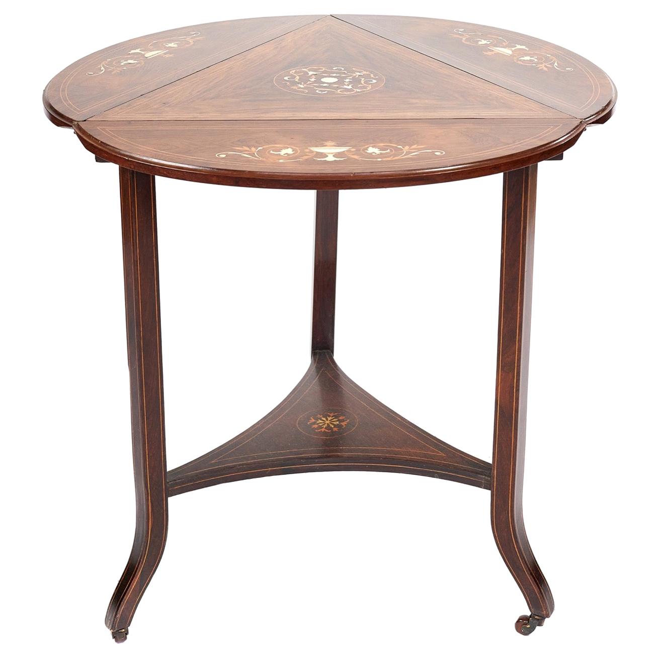 Fine Unusual Antique Edwardian Rosewood Inlaid Drop Leaf Table For Sale