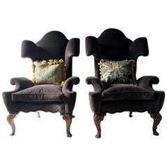 Antique Fine & Unusual Pair of Queen Anne Style Wingback Armchairs Ex. Croxton Park