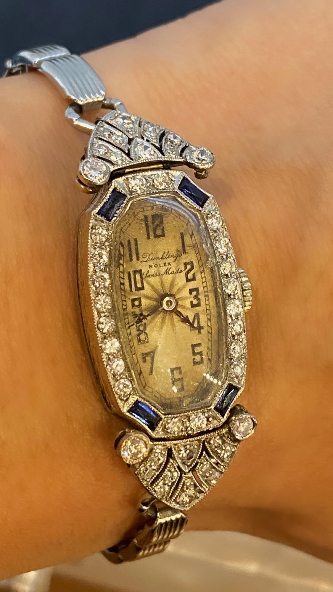 Women's Fine & V Rare Art-Deco Rolex 18K Gold, Diamond, Sapphire Cocktail Ladies' Watch For Sale