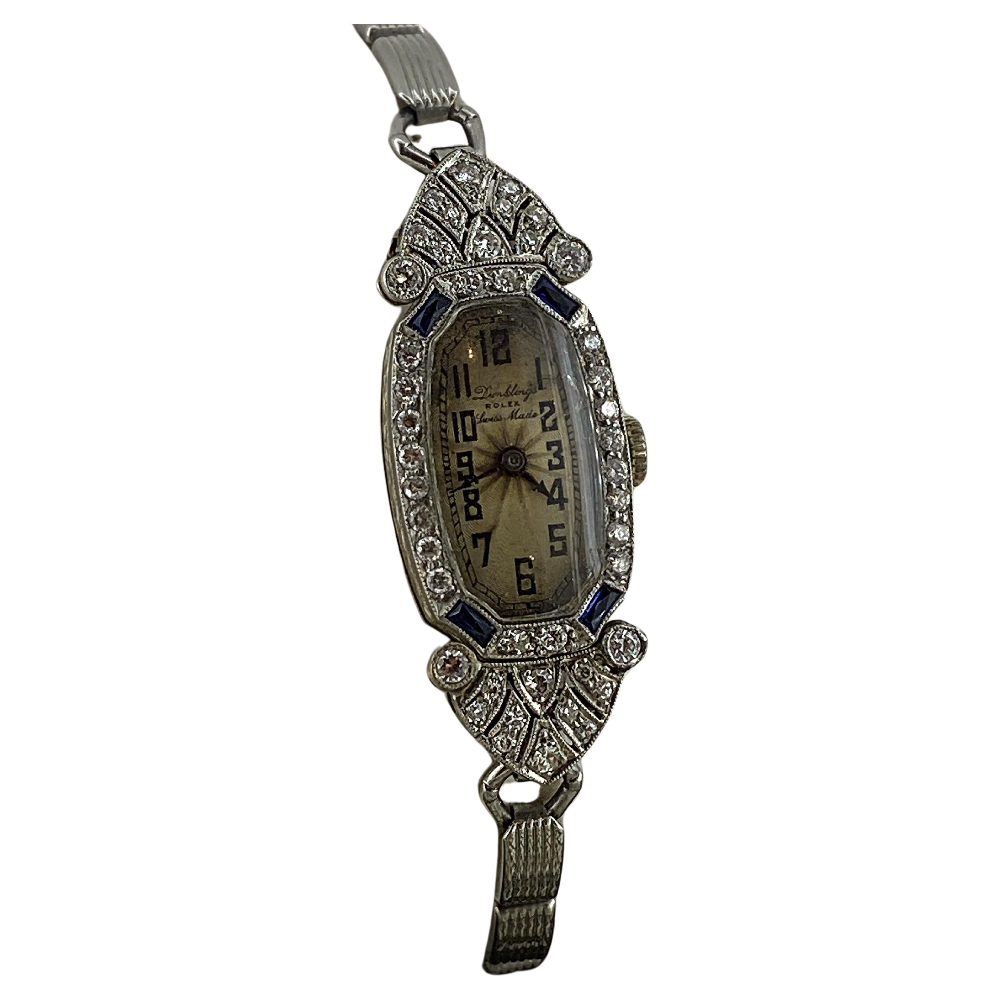 Fine & V Rare Art-Deco Rolex 18K Gold, Diamond, Sapphire Cocktail Ladies' Watch For Sale