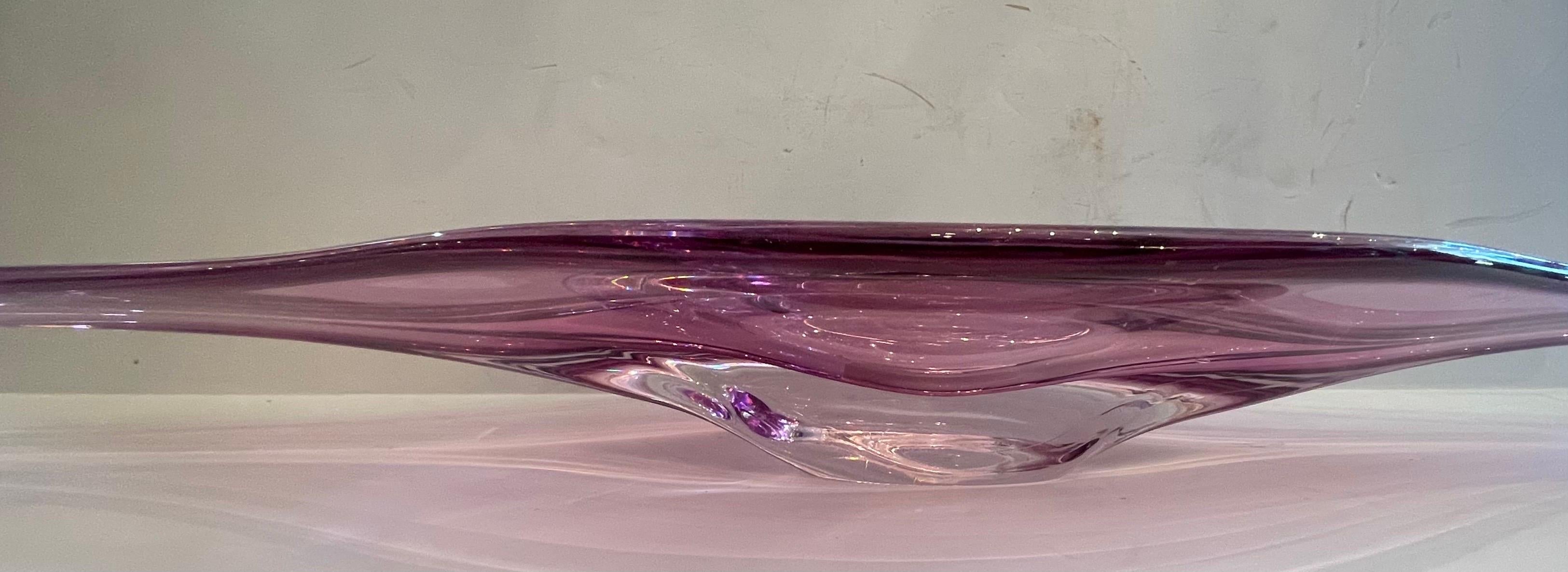 A stunning large Mid-Century Modern oval elongated centerpiece amethyst crystal glass bowl in the manner of Val Saint Lambert lozenge shaped.