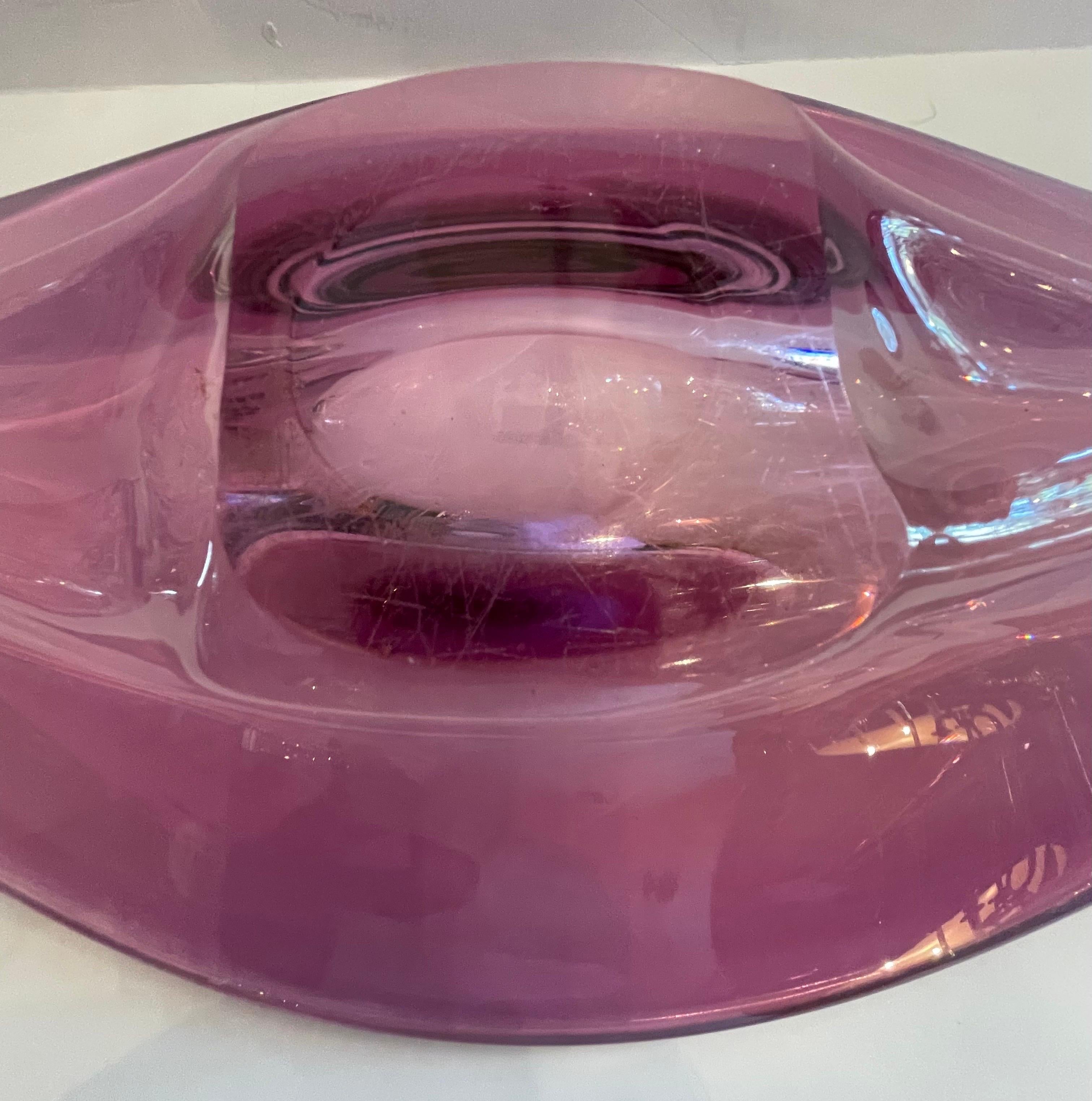Fine Val Saint Lambert Large Amethyst Elongated Blown Glass Crystal Centerpiece  In Good Condition In Roslyn, NY