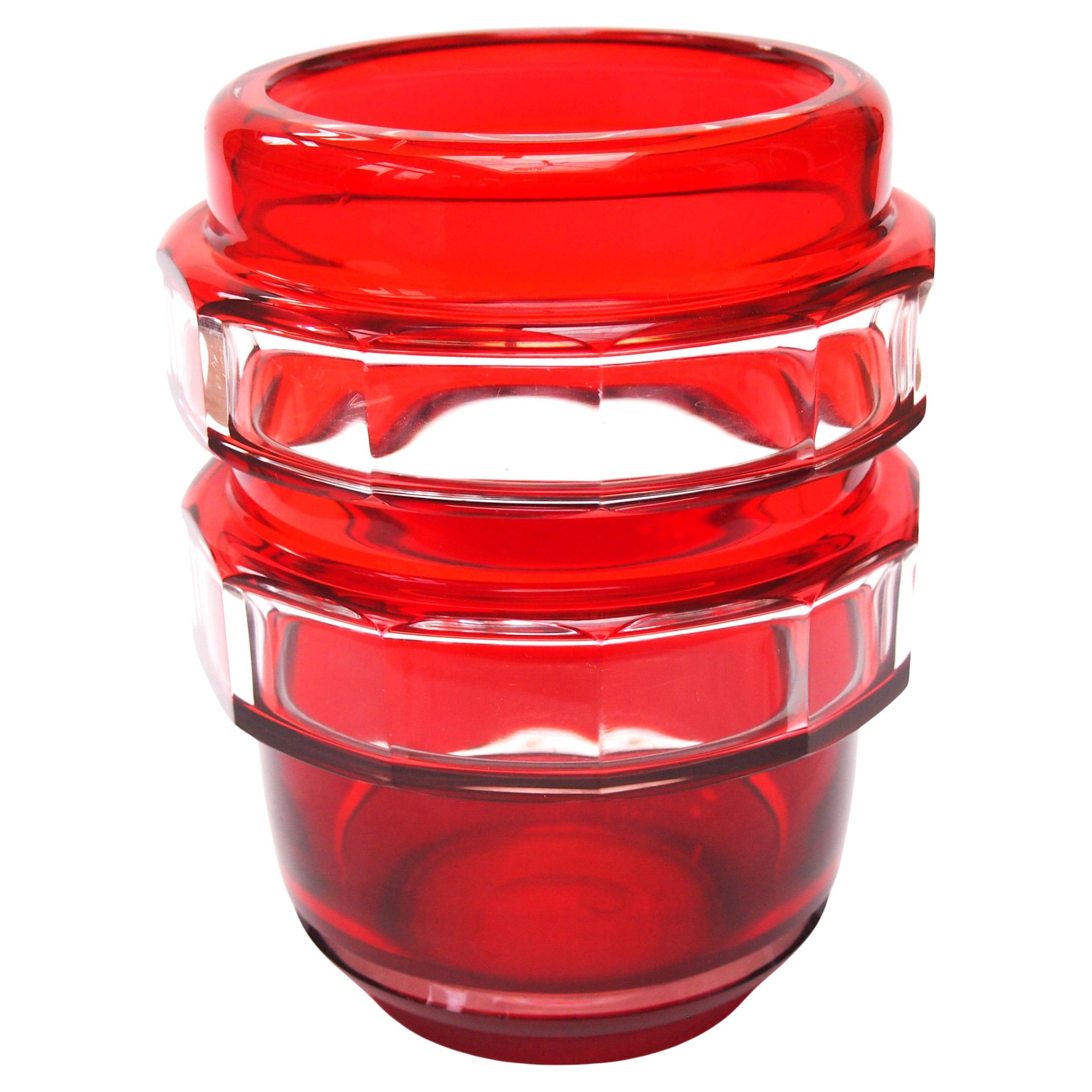 Fine Val Saint Lambert Red/Orange Cut to Clear Vase by Charles Graffart c1950