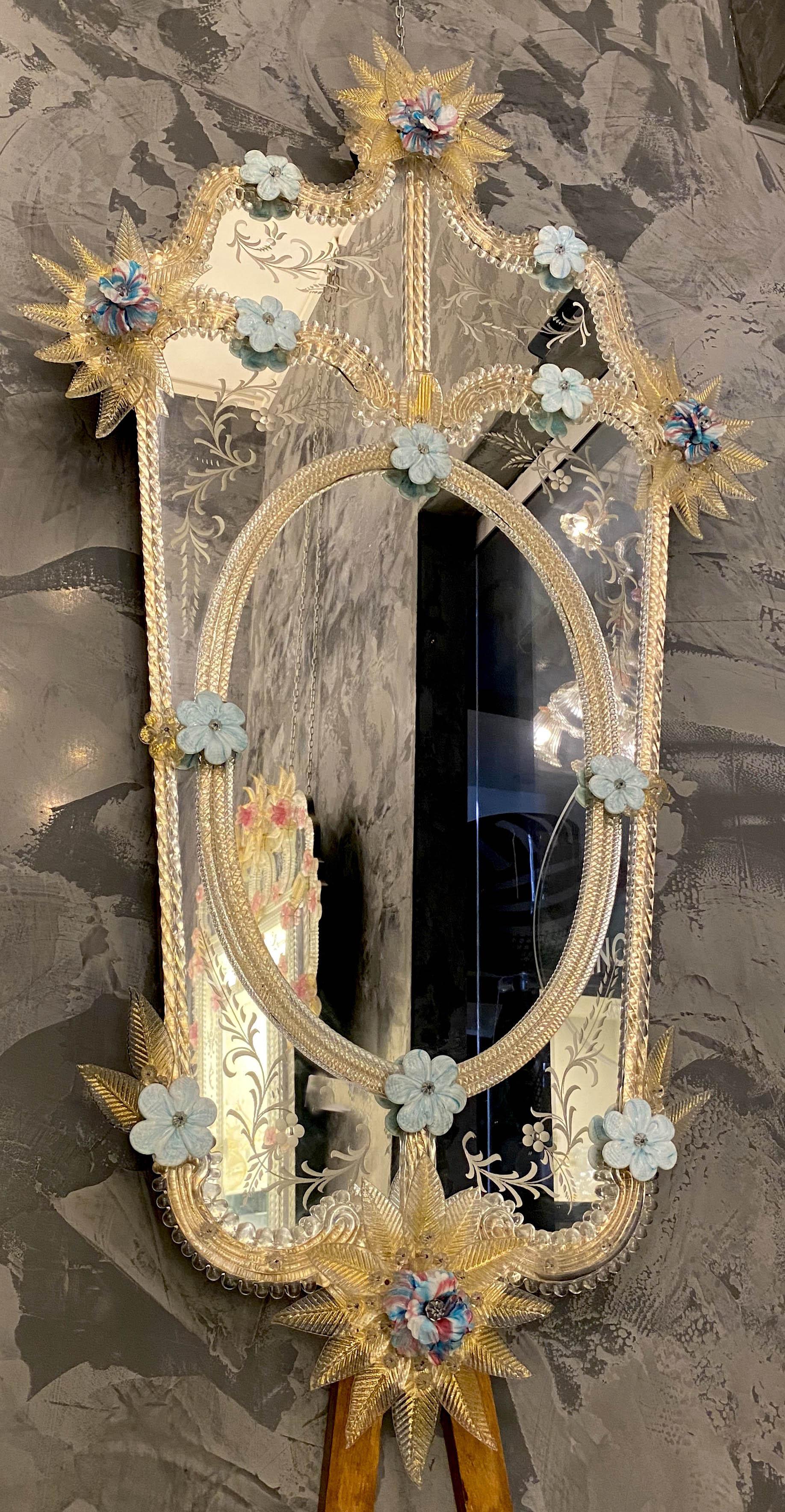 Italian Fine Venetian Blu Flower Murano Glass Mirror For Sale