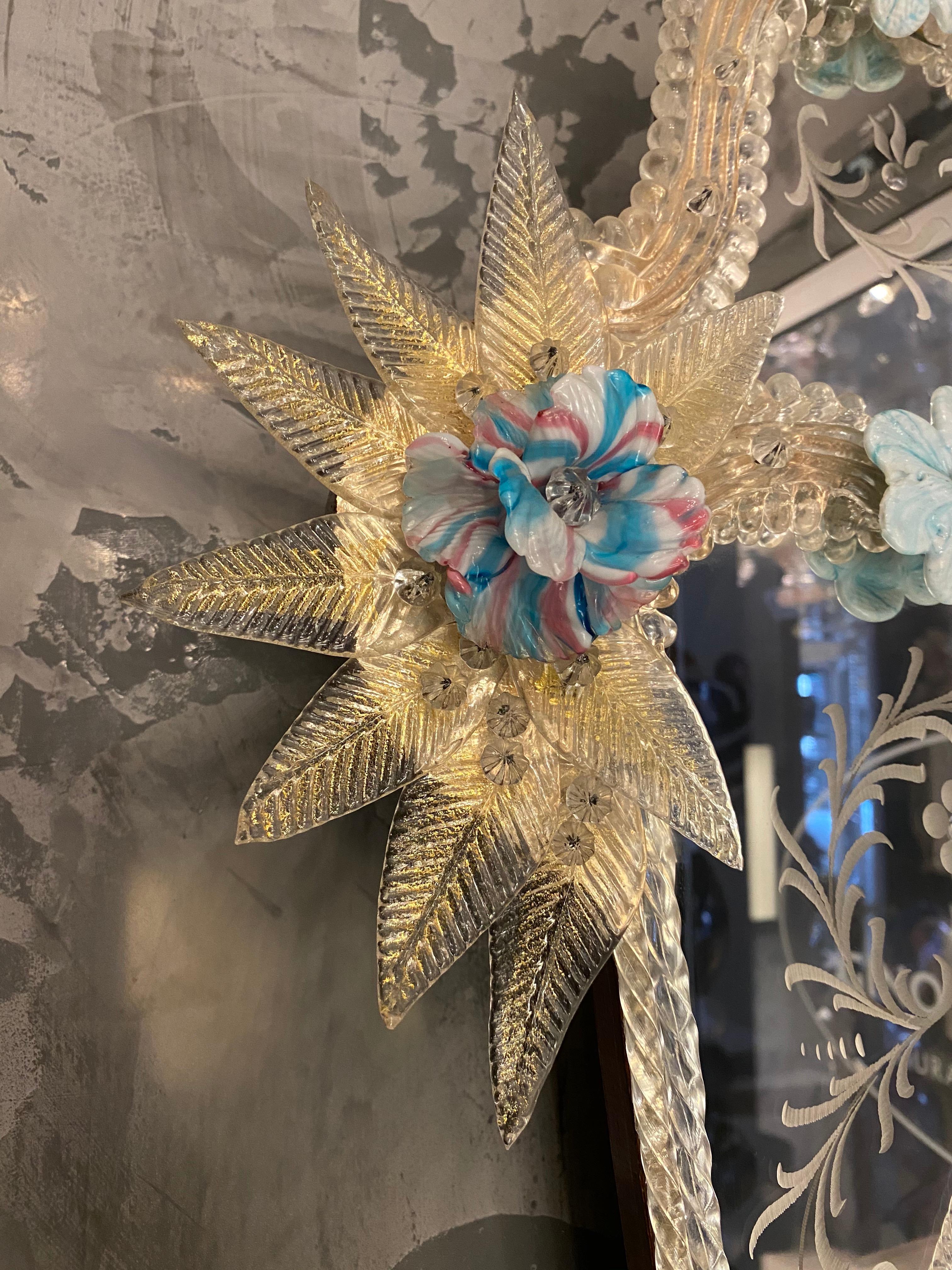Late 20th Century Fine Venetian Blu Flower Murano Glass Mirror