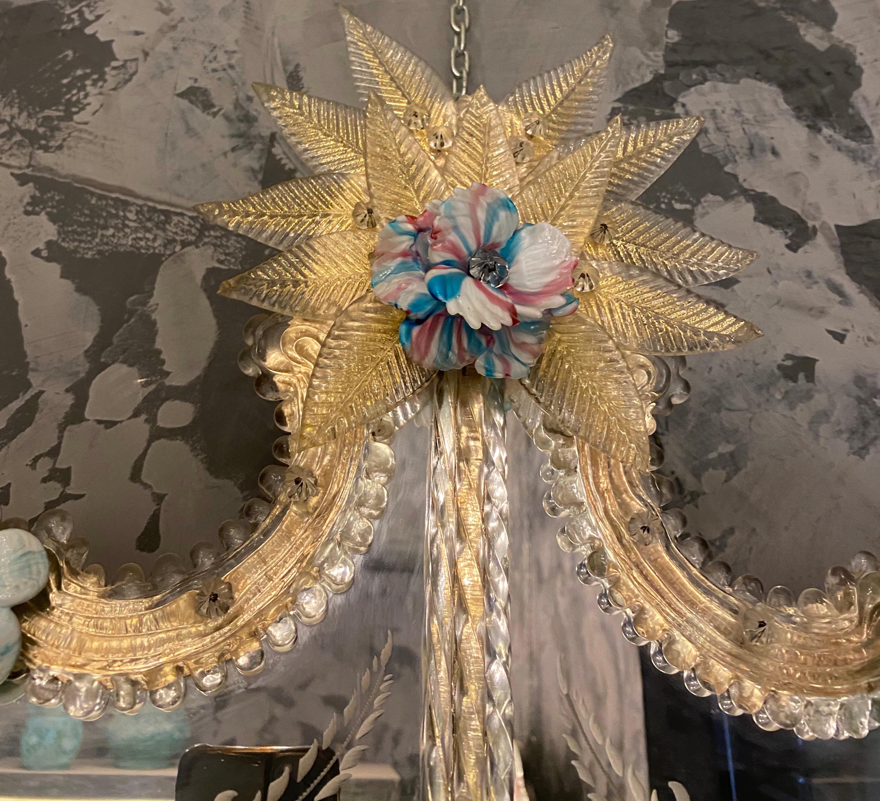 Late 20th Century Fine Venetian Blu Flower Murano Glass Mirror For Sale