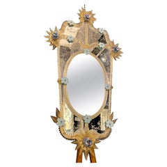 Fine Venetian Blu Flower Murano Glass Mirror