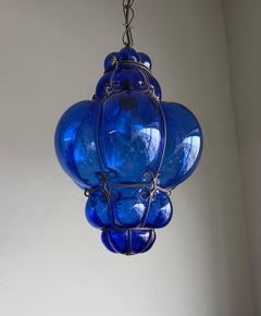 Fine Venetian Murano Pendant Light Mouth Blown Blue Color Smoked Glass in Frame