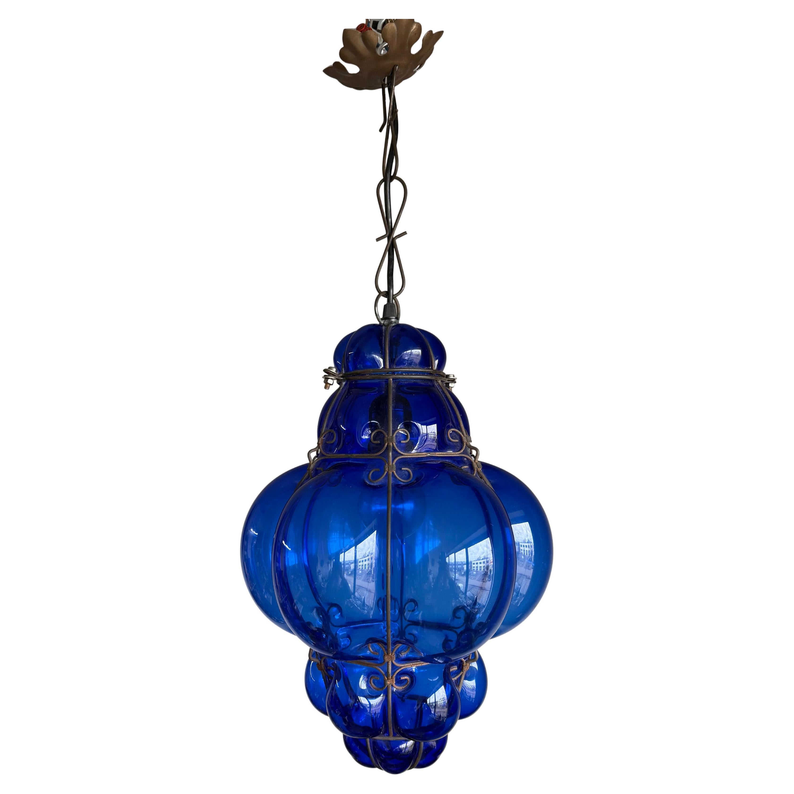 Fine Venetian Murano Pendant Light Mouth Blown Blue Color Smoked Glass in Frame