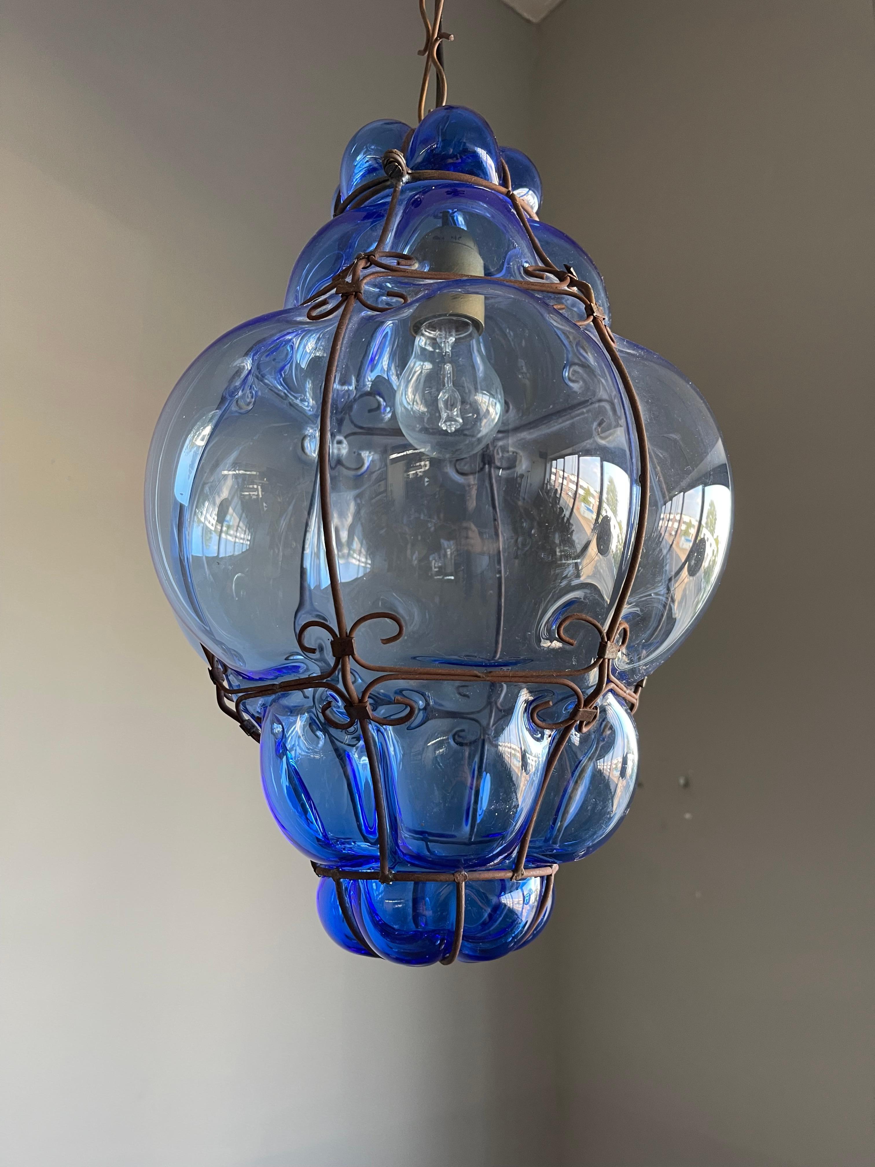 Blown Glass Fine Venetian Murano Pendant Light Mouth Blown Blue Color Smoked Glass in Frame For Sale