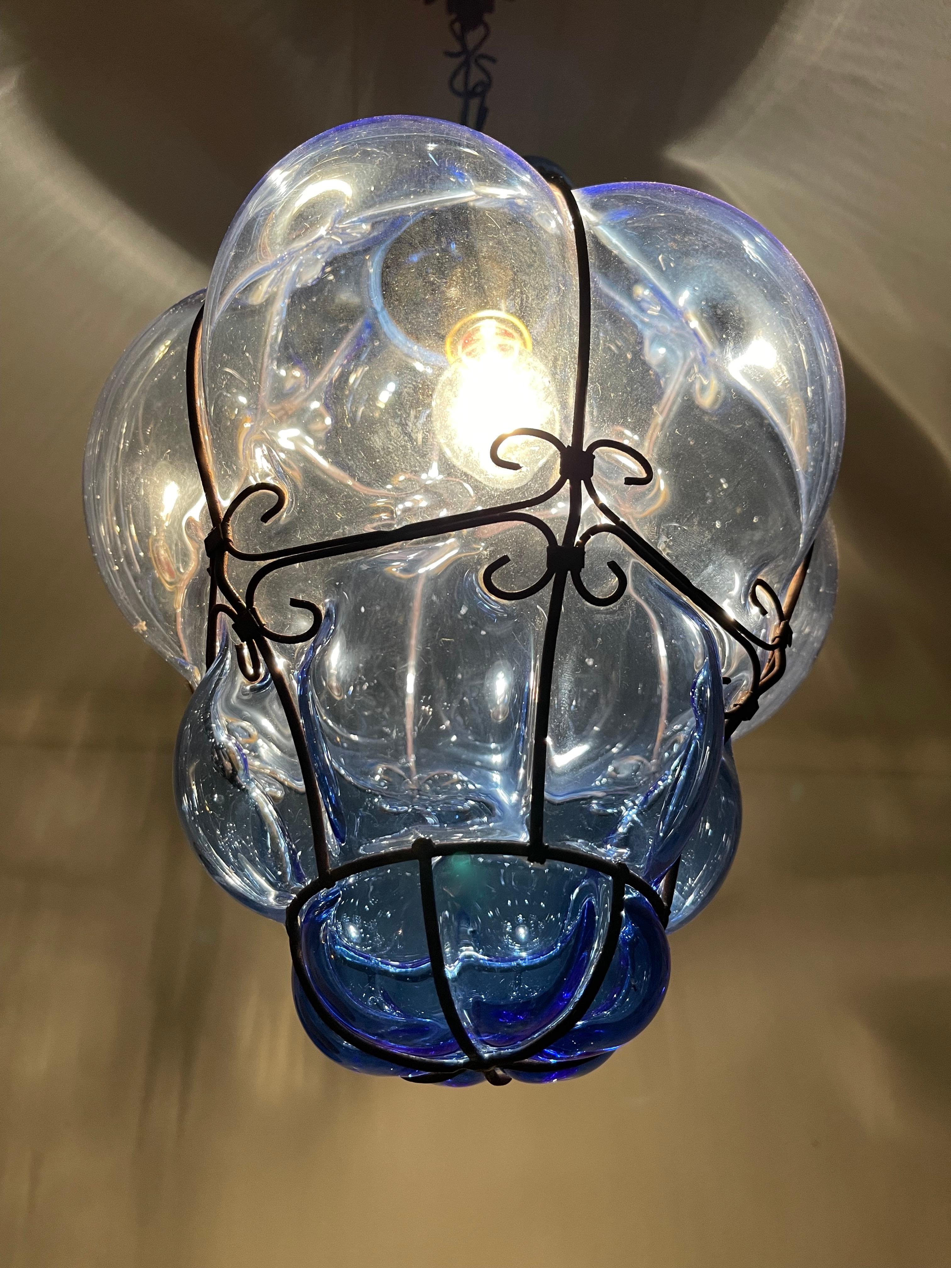 Fine Venetian Murano Pendant Light Mouth Blown Blue Color Smoked Glass in Frame For Sale 2
