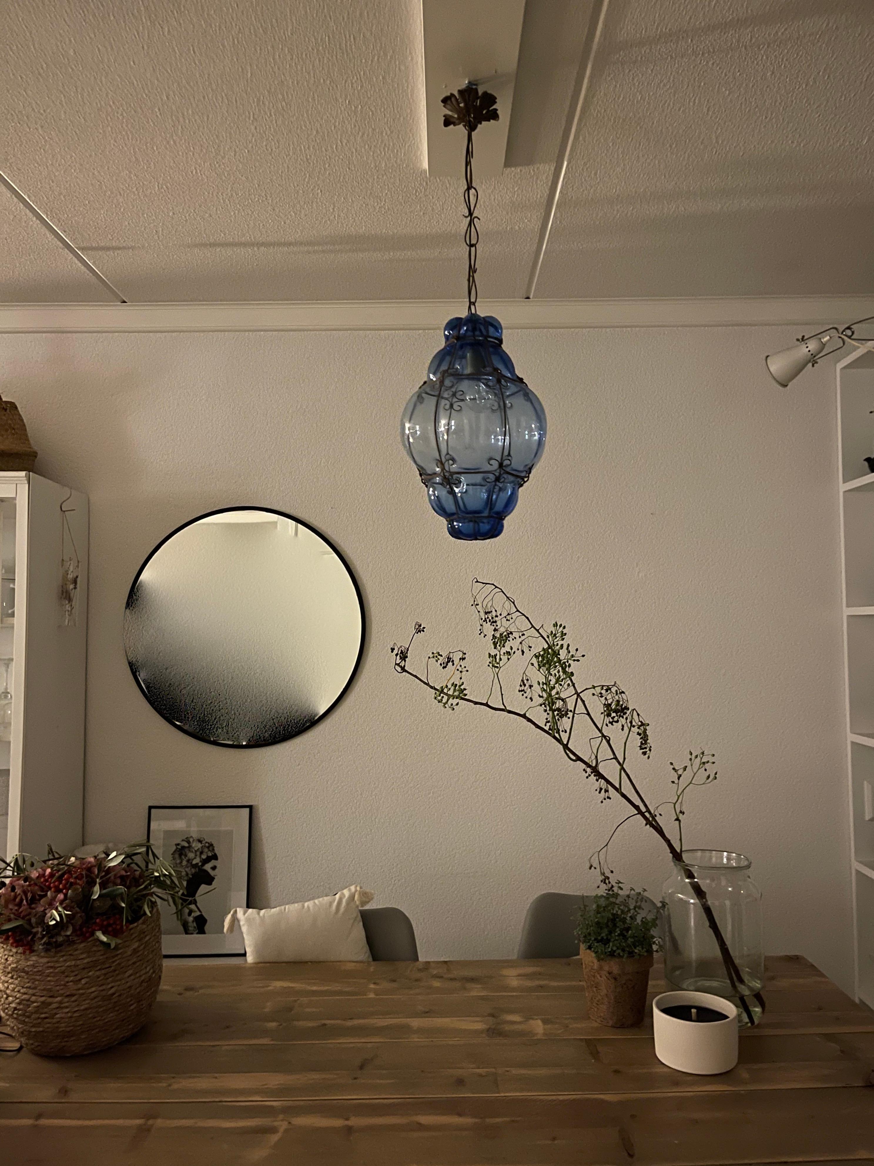 Italian Fine Venetian Murano Pendant Light Mouth Blown Blue Color Smoked Glass in Frame For Sale