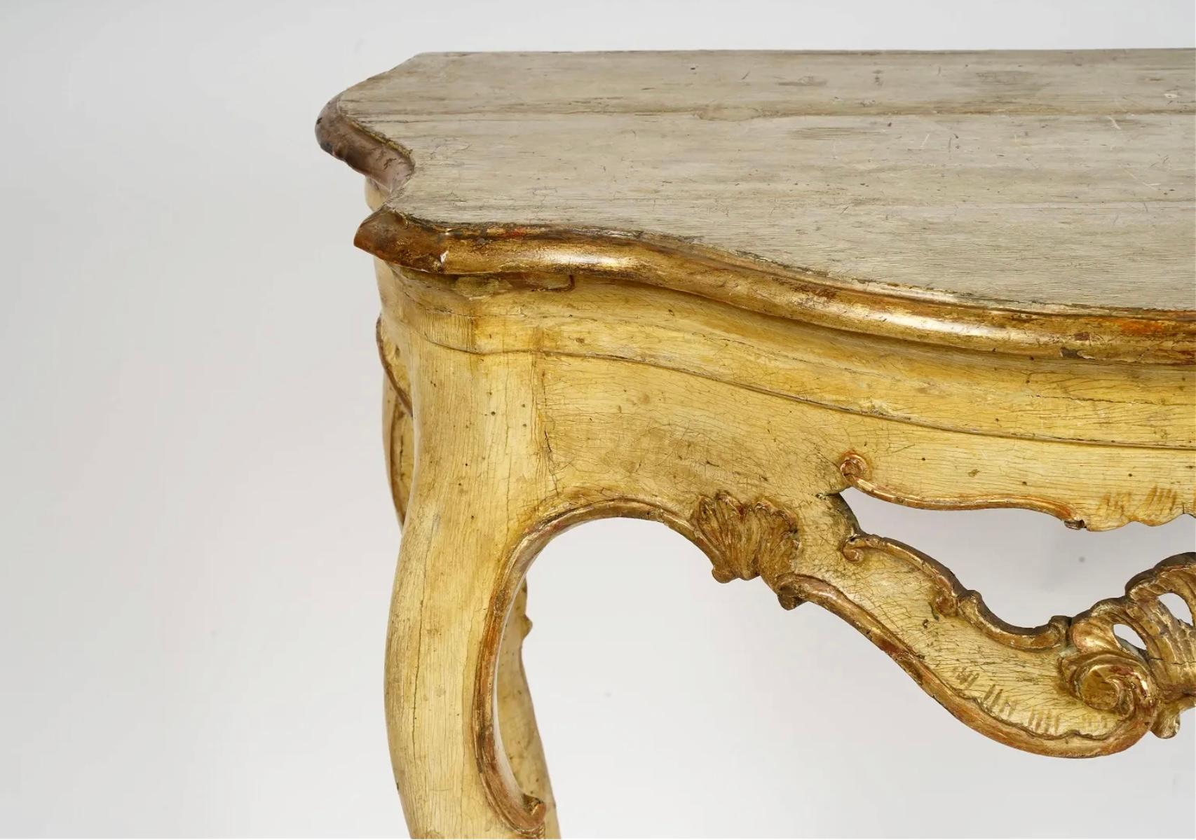 Italian Fine Venetian Rococo Gilt and Yellow-Painted Console Table For Sale