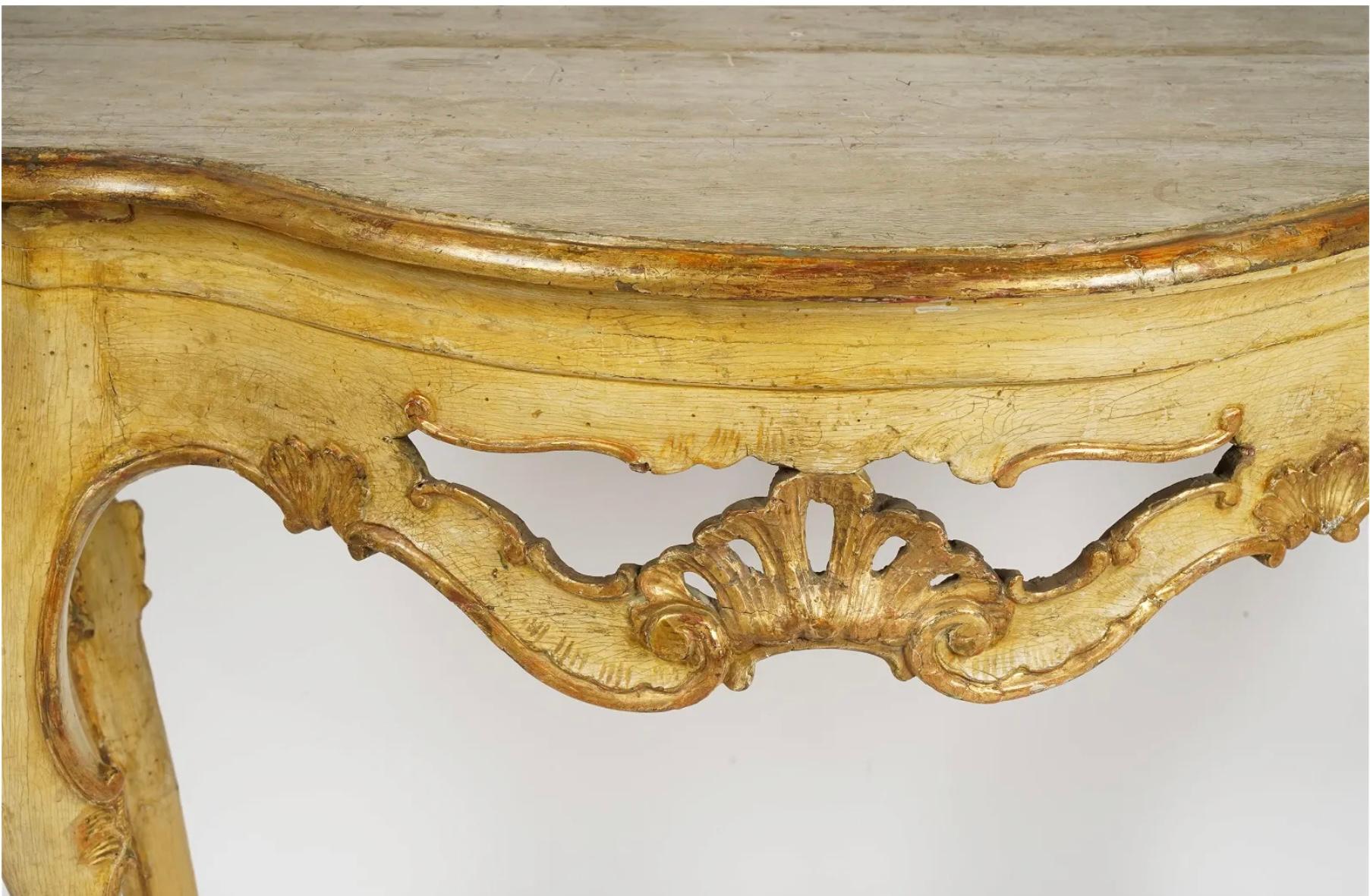 Fine Venetian Rococo Gilt and Yellow-Painted Console Table In Good Condition For Sale In Bradenton, FL