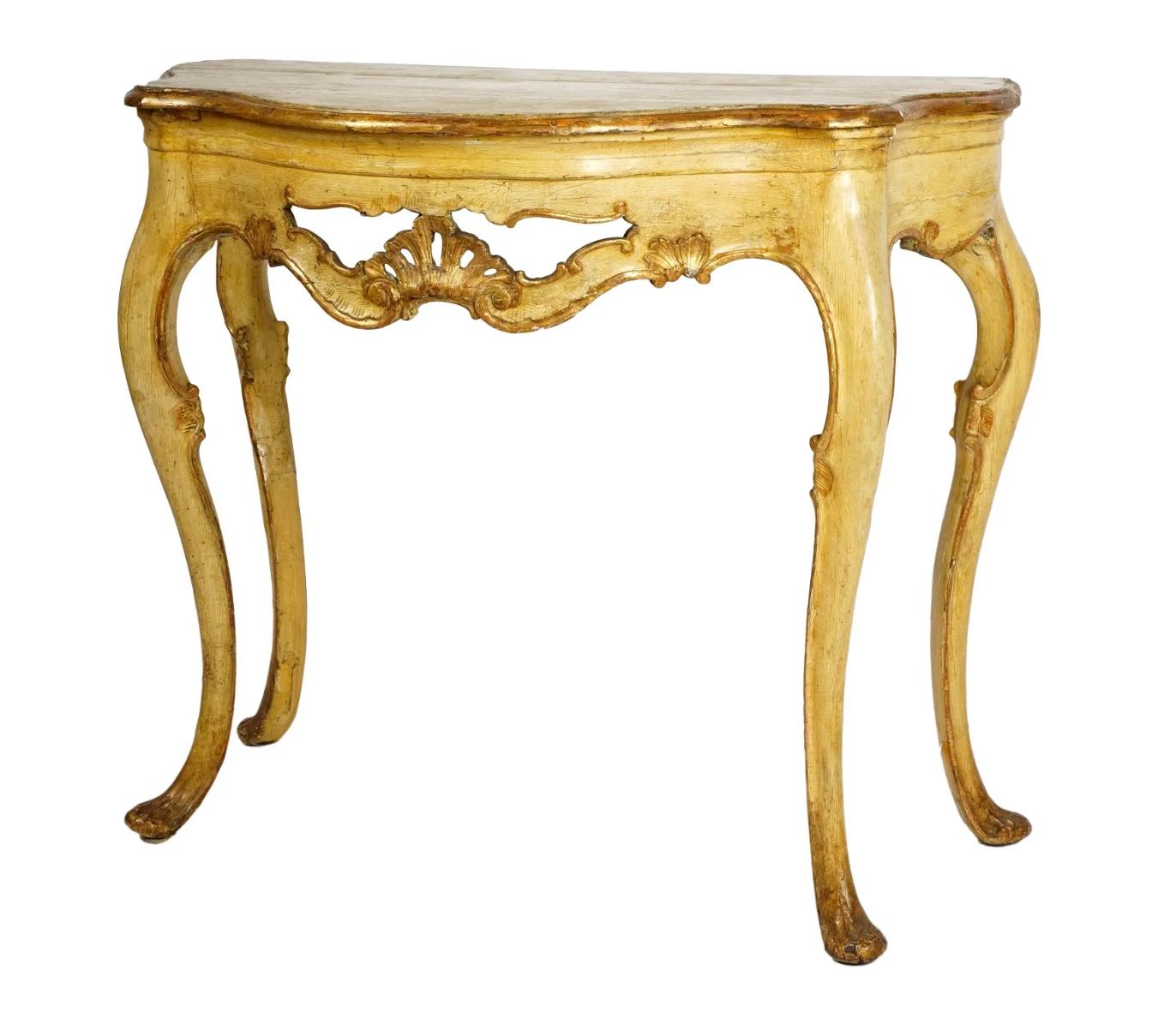 Fine Venetian Rococo Gilt and Yellow-Painted Console Table For Sale 3