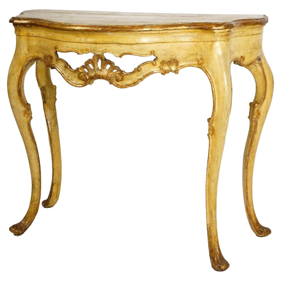 Table console vénitienne de style rococo dorée et peinte en jaune