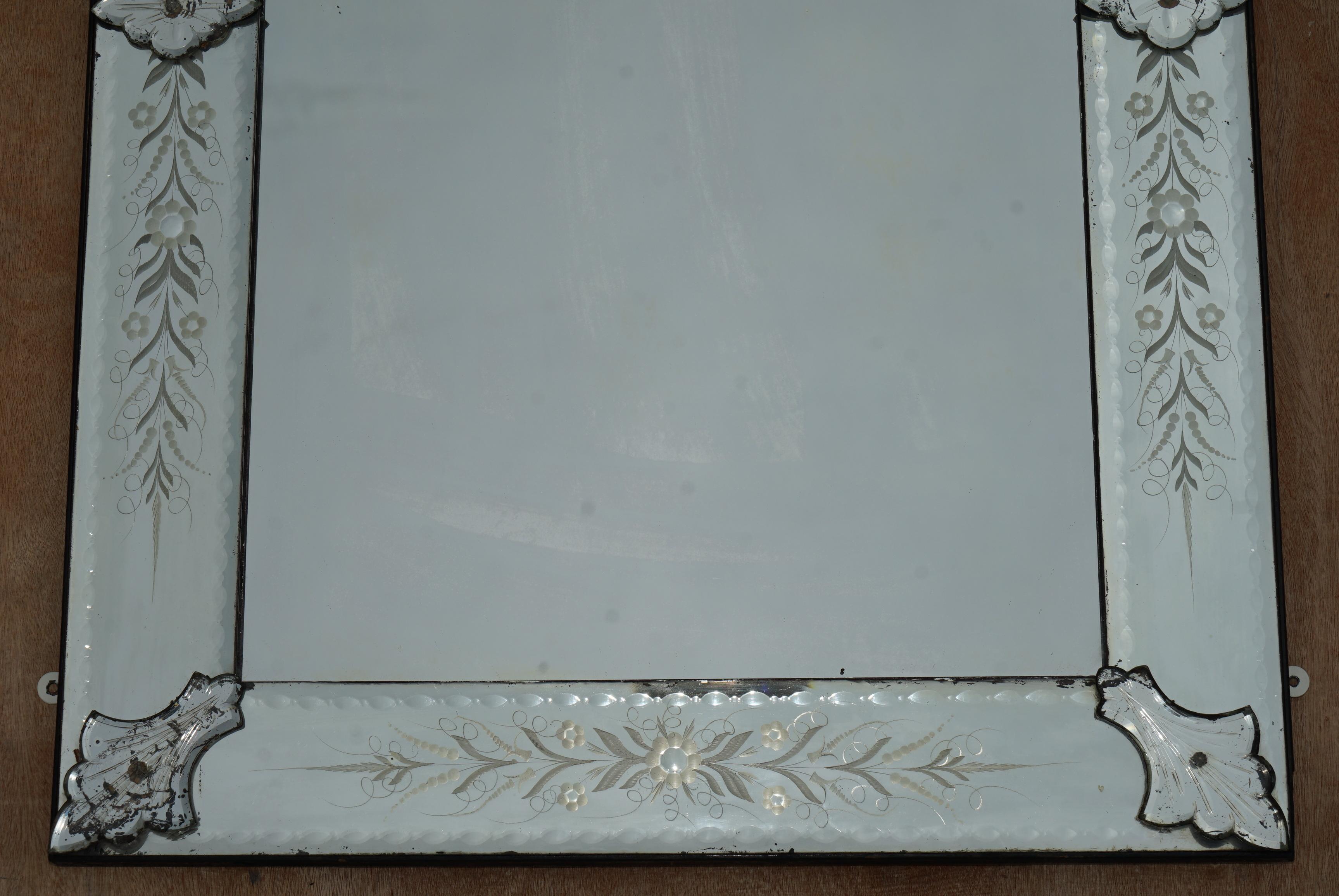 Italian Fine Very Large Antique circa 1880 Venetian Etched Glass Overmantle Wall Mirror