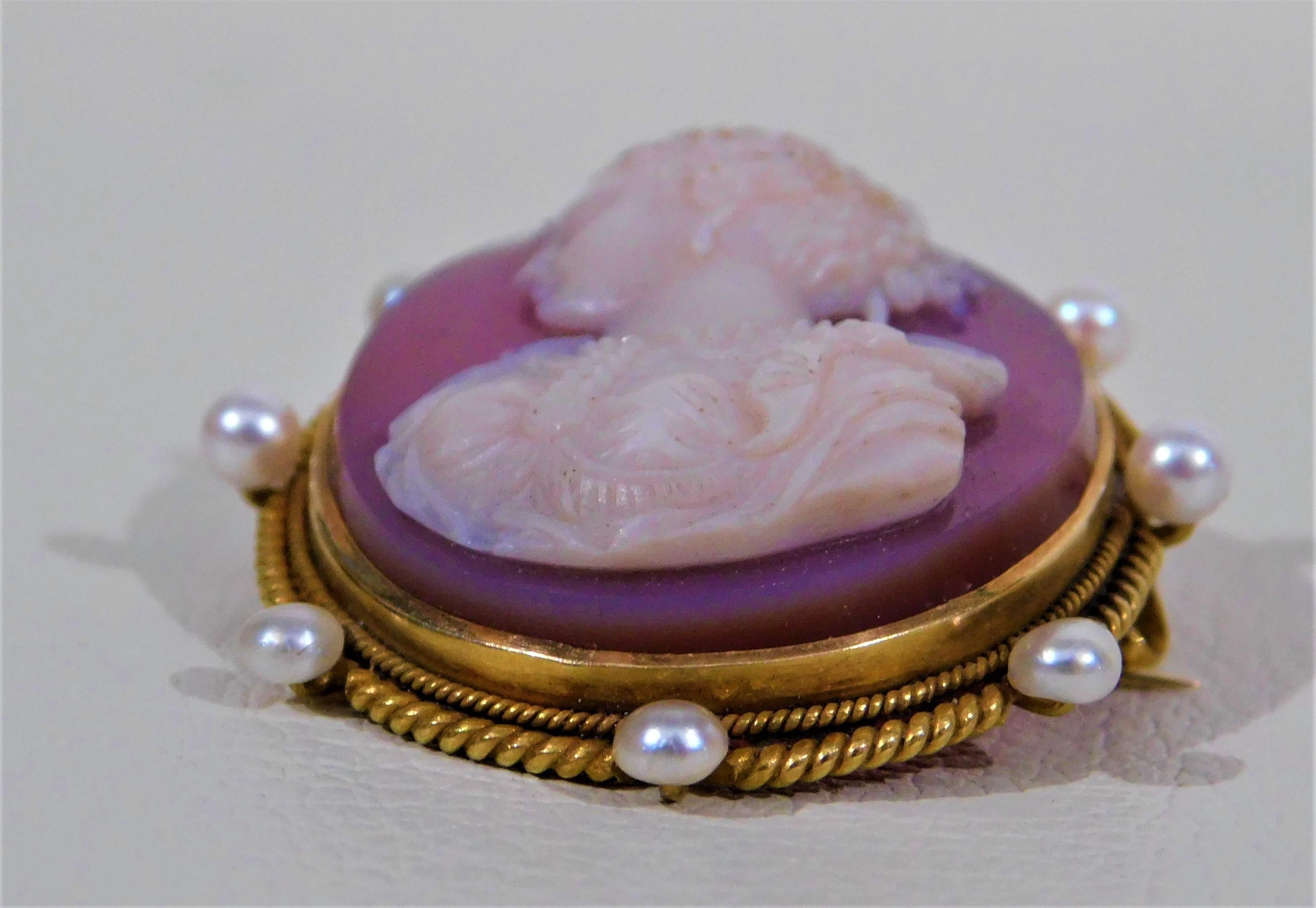 Fine Victorian 14K Gold and Pearls Hand Carved Cameo Brooch/Necklace Pendant   1