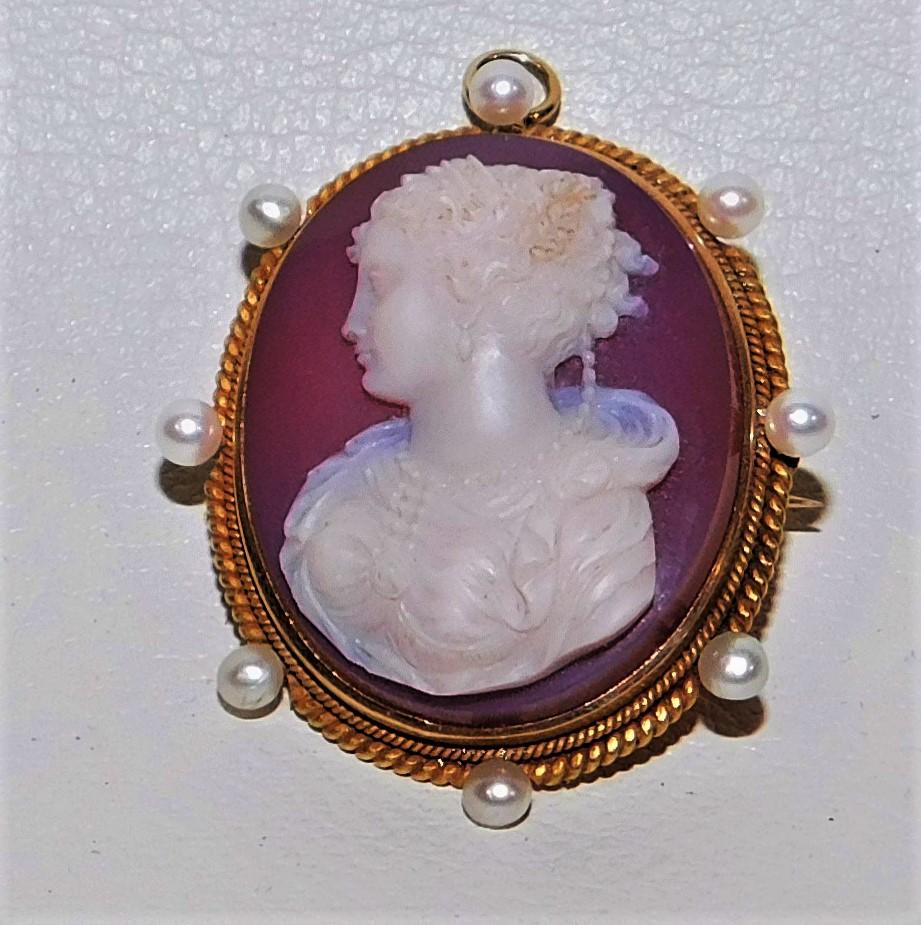 Fine Victorian 14K Gold and Pearls Hand Carved Cameo Brooch/Necklace Pendant   3