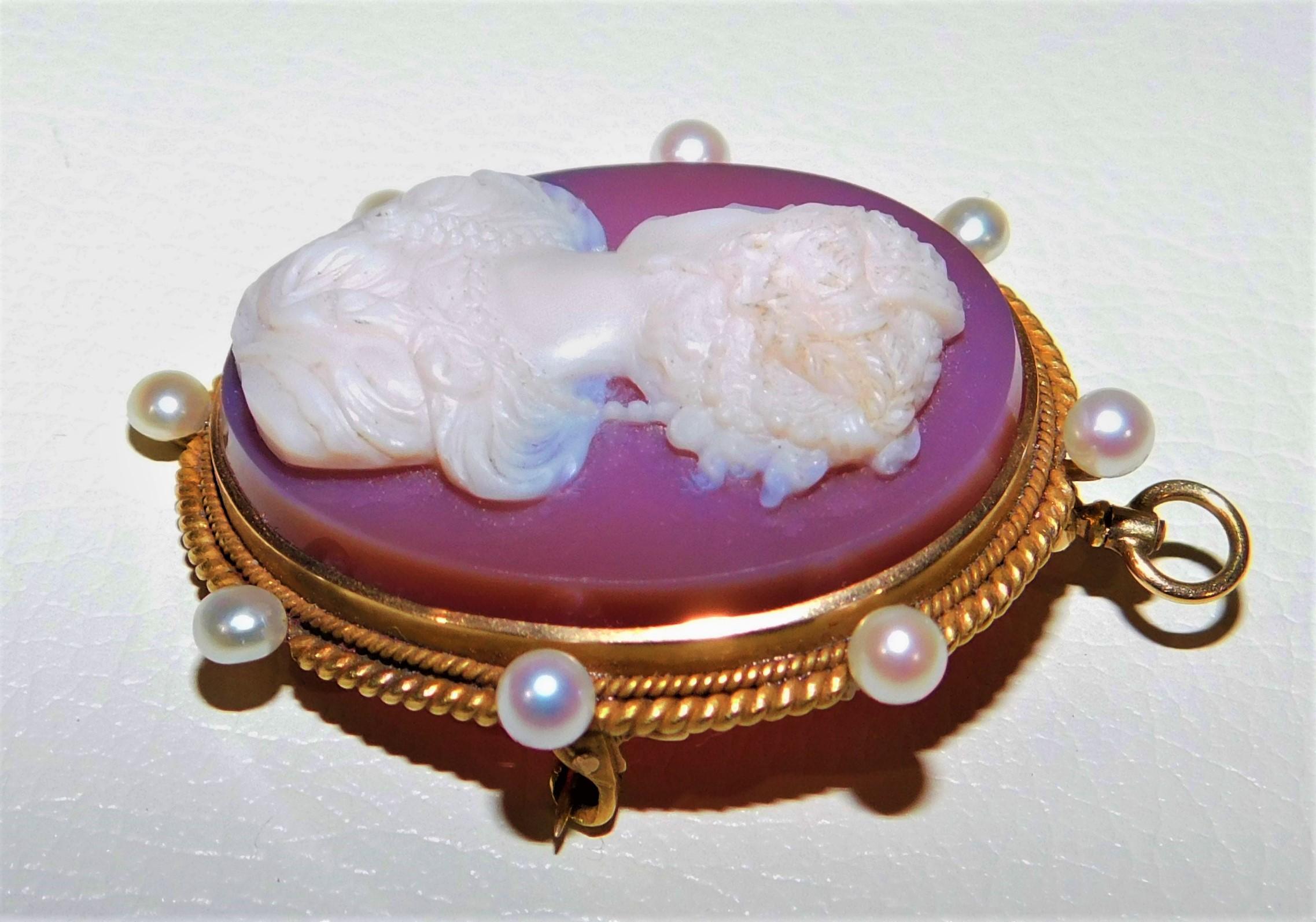 Fine Victorian 14K Gold and Pearls Hand Carved Cameo Brooch/Necklace Pendant   4