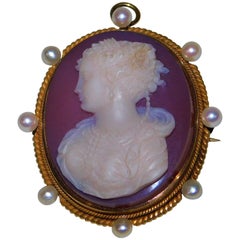 Fine Victorian 14K Gold and Pearls Hand Carved Cameo Brooch/Necklace Pendant