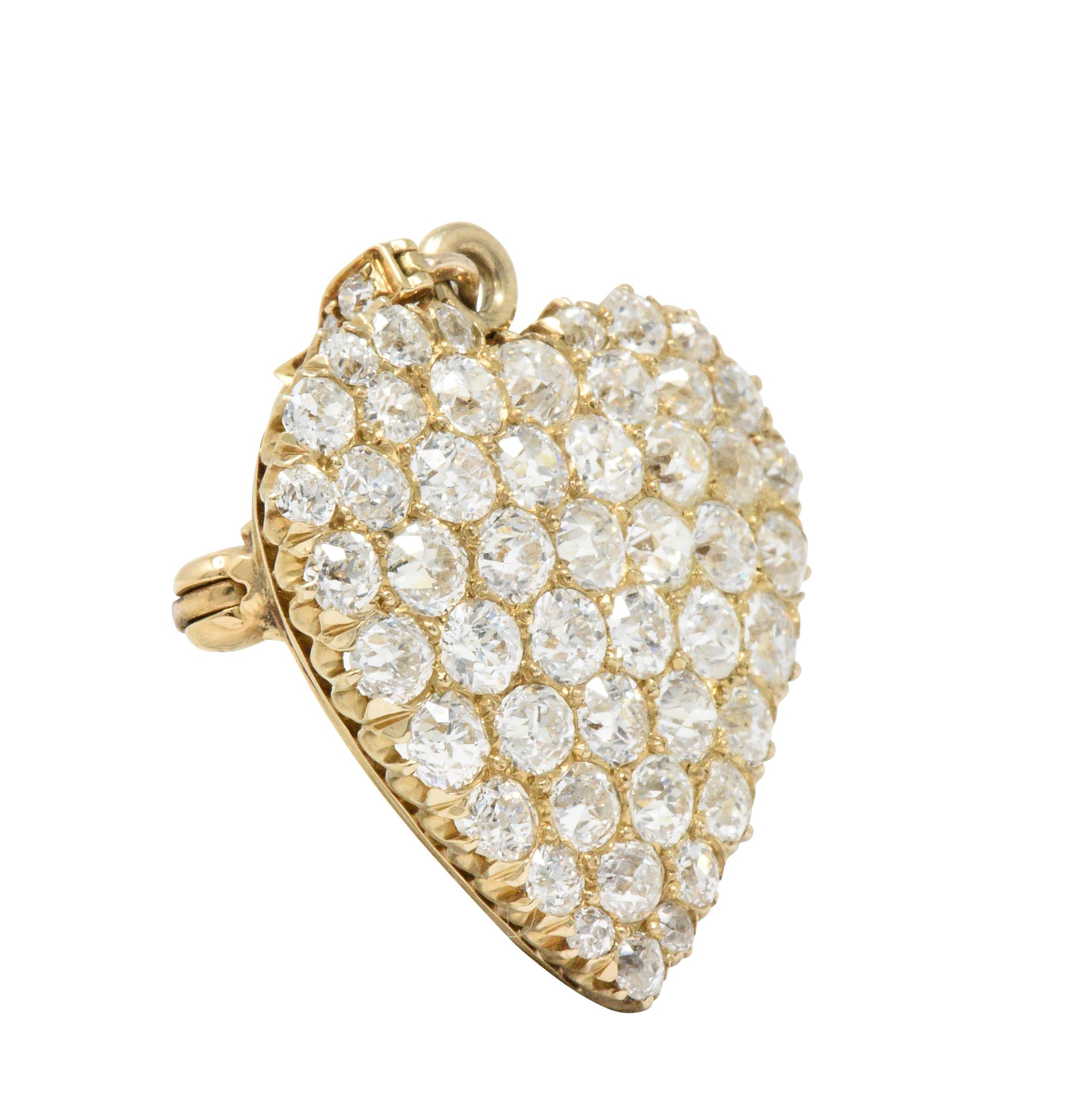 Fine Victorian 3.50 Carat Diamond 14 Karat Gold Heart Pendant Brooch In Excellent Condition In Philadelphia, PA