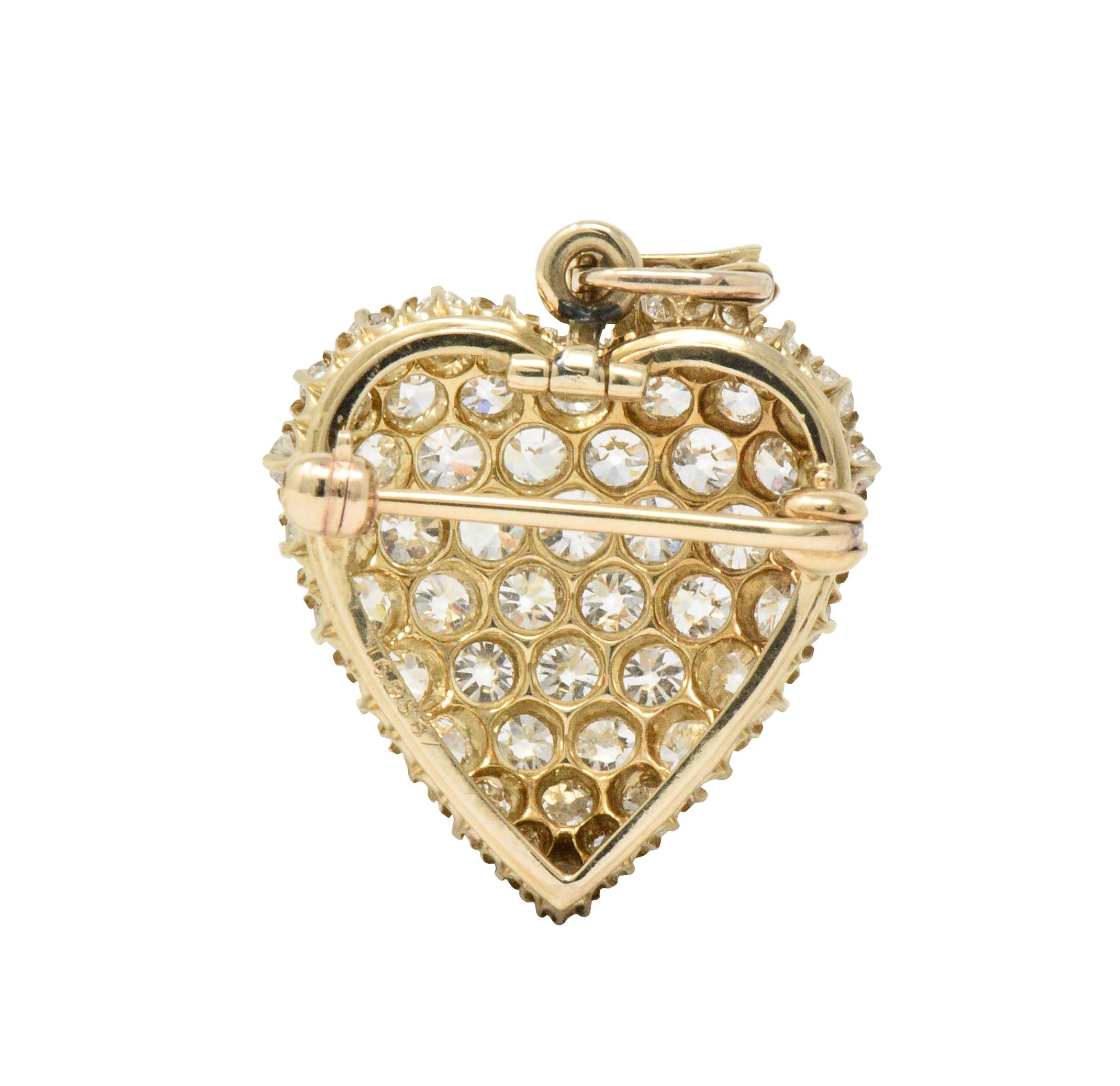 Women's or Men's Fine Victorian 3.50 Carat Diamond 14 Karat Gold Heart Pendant Brooch