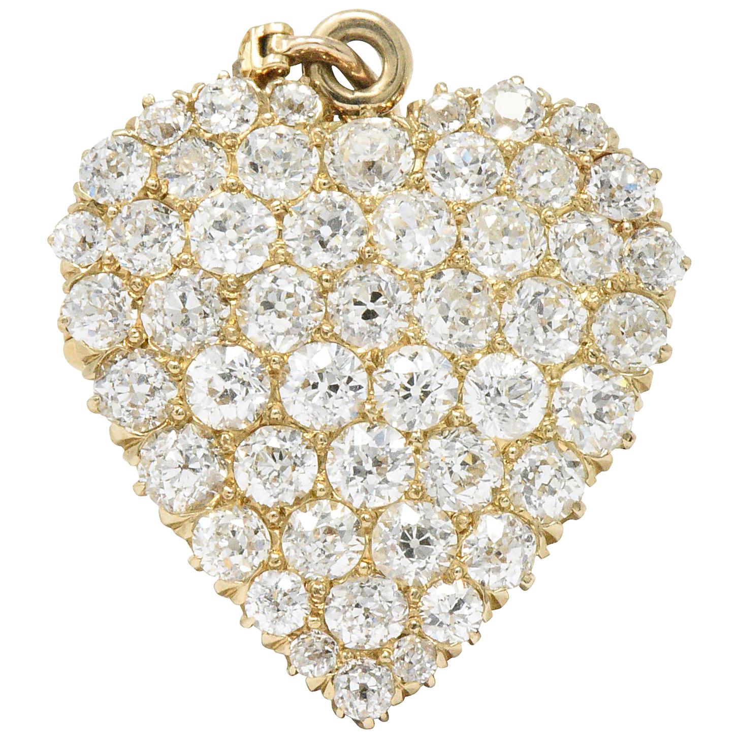 Fine Victorian 3.50 Carat Diamond 14 Karat Gold Heart Pendant Brooch