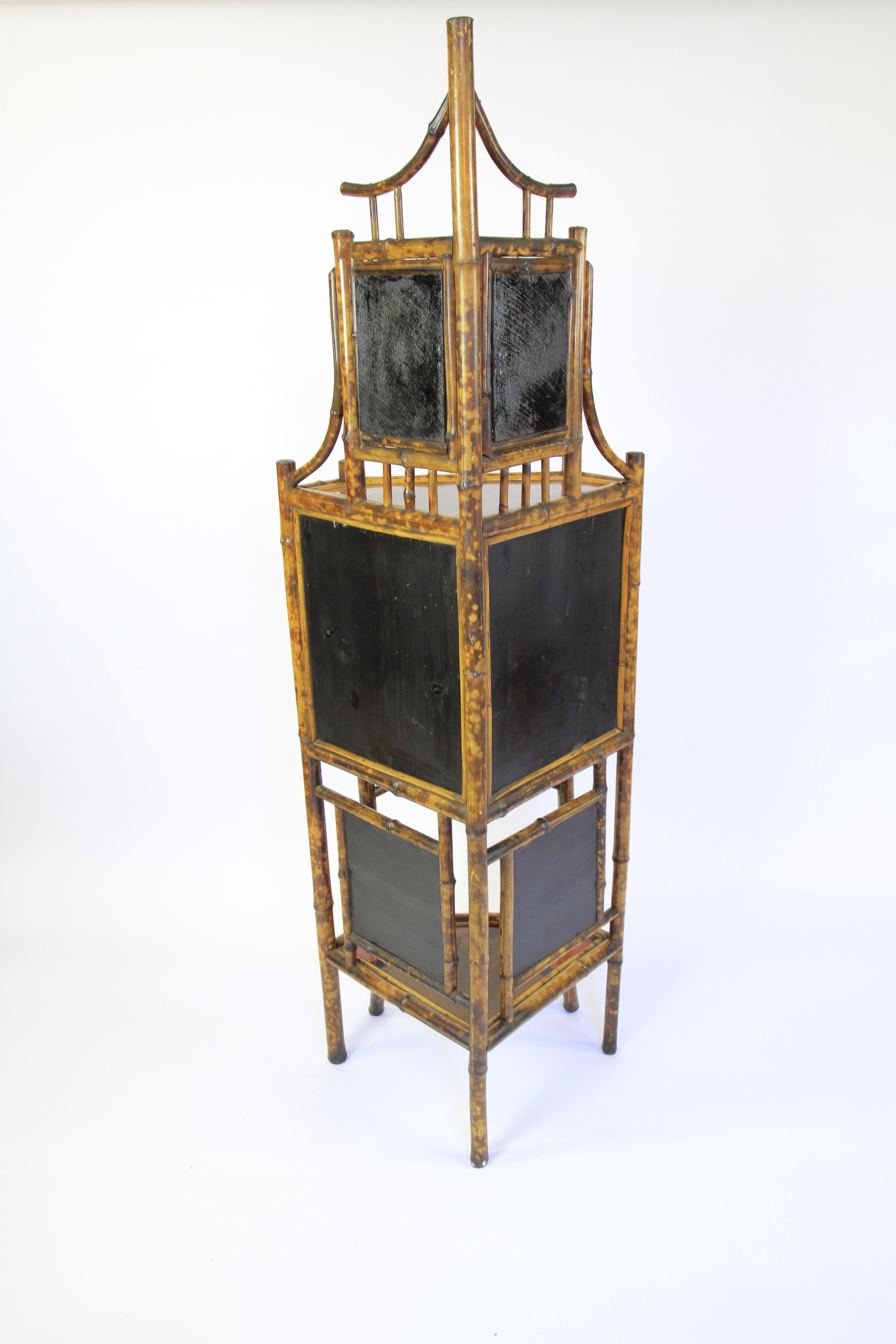 British Fine Victorian Bamboo & Laquered panel Corner Cupboard For Sale