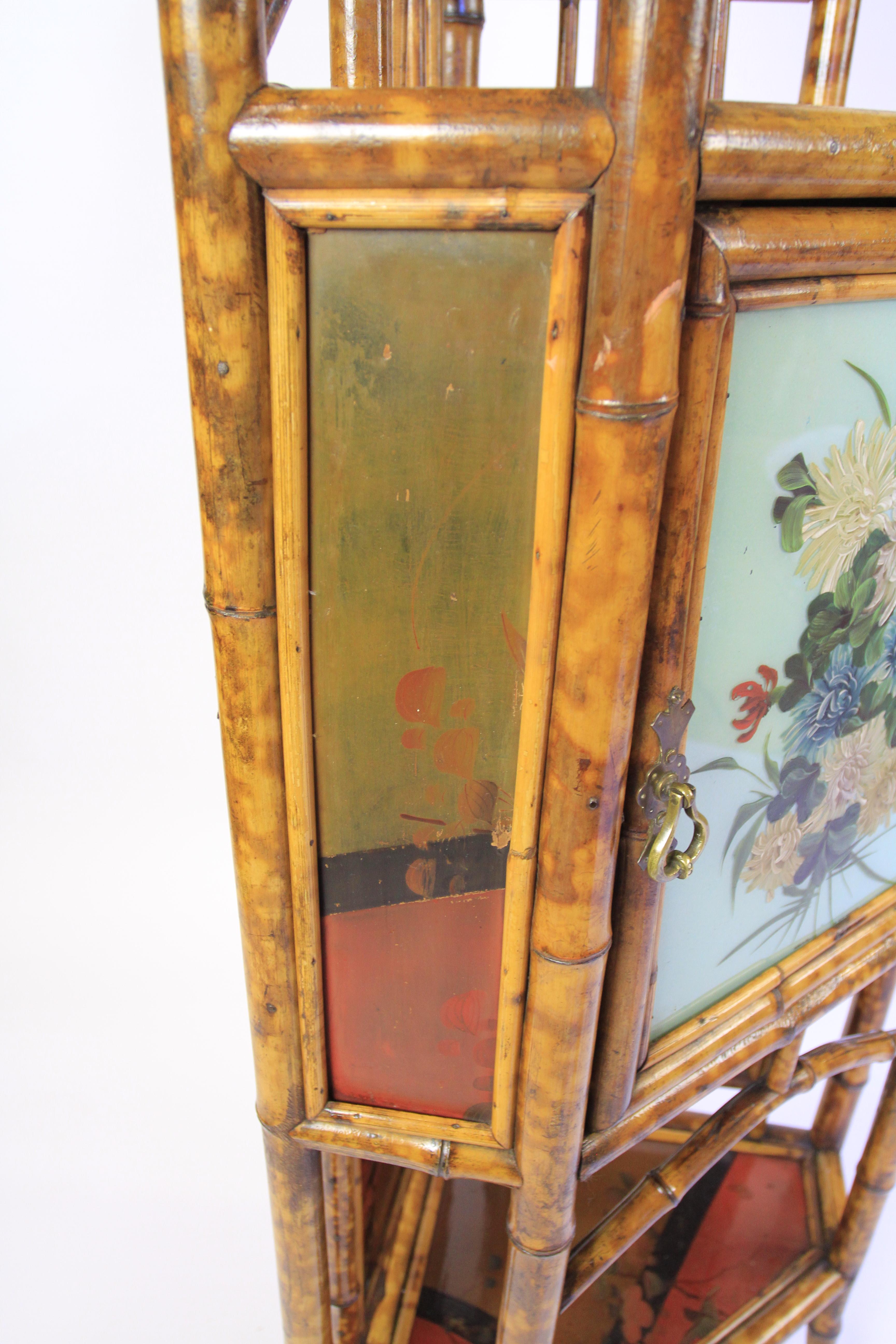Mid-19th Century Fine Victorian Bamboo & Laquered panel Corner Cupboard For Sale