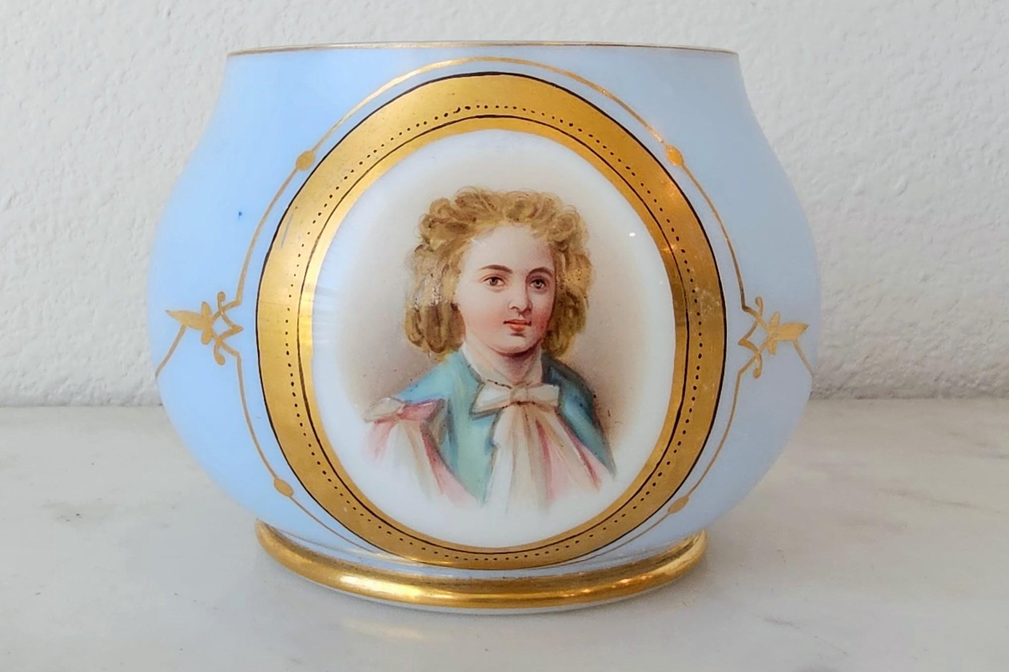 Gilt Fine Victorian Blue Opaline Glass Antique Dresser Cachepot Table Bowl For Sale