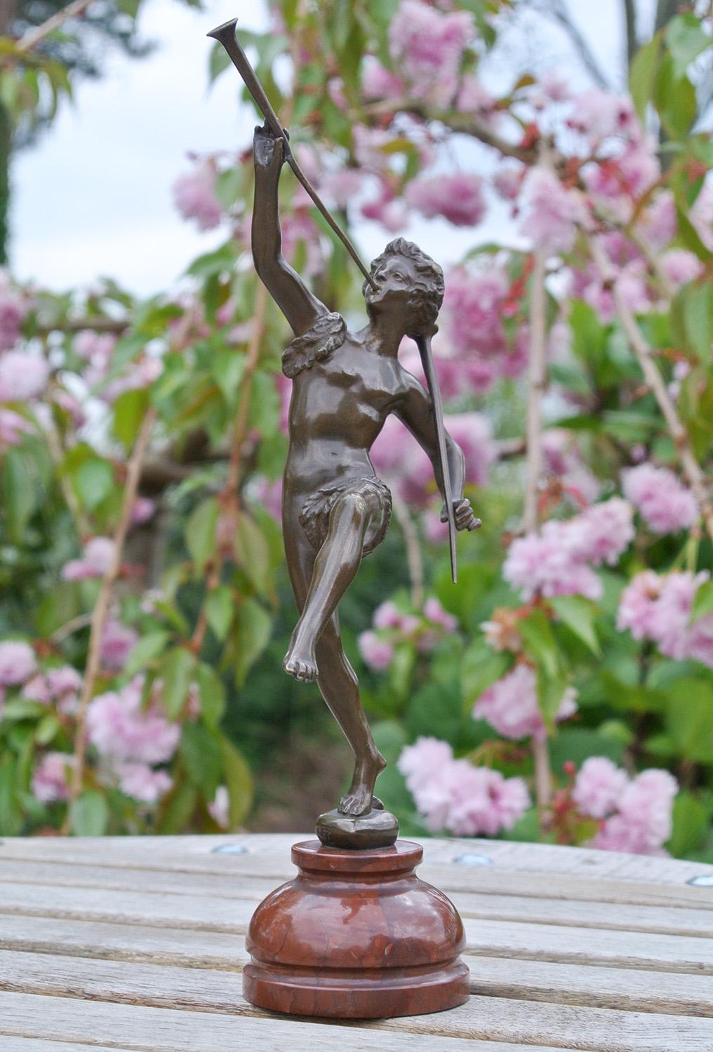 19th Century Fine Victorian Bronze of Boy with Trumpets by Ernst Rancoulet, c. 1900 For Sale
